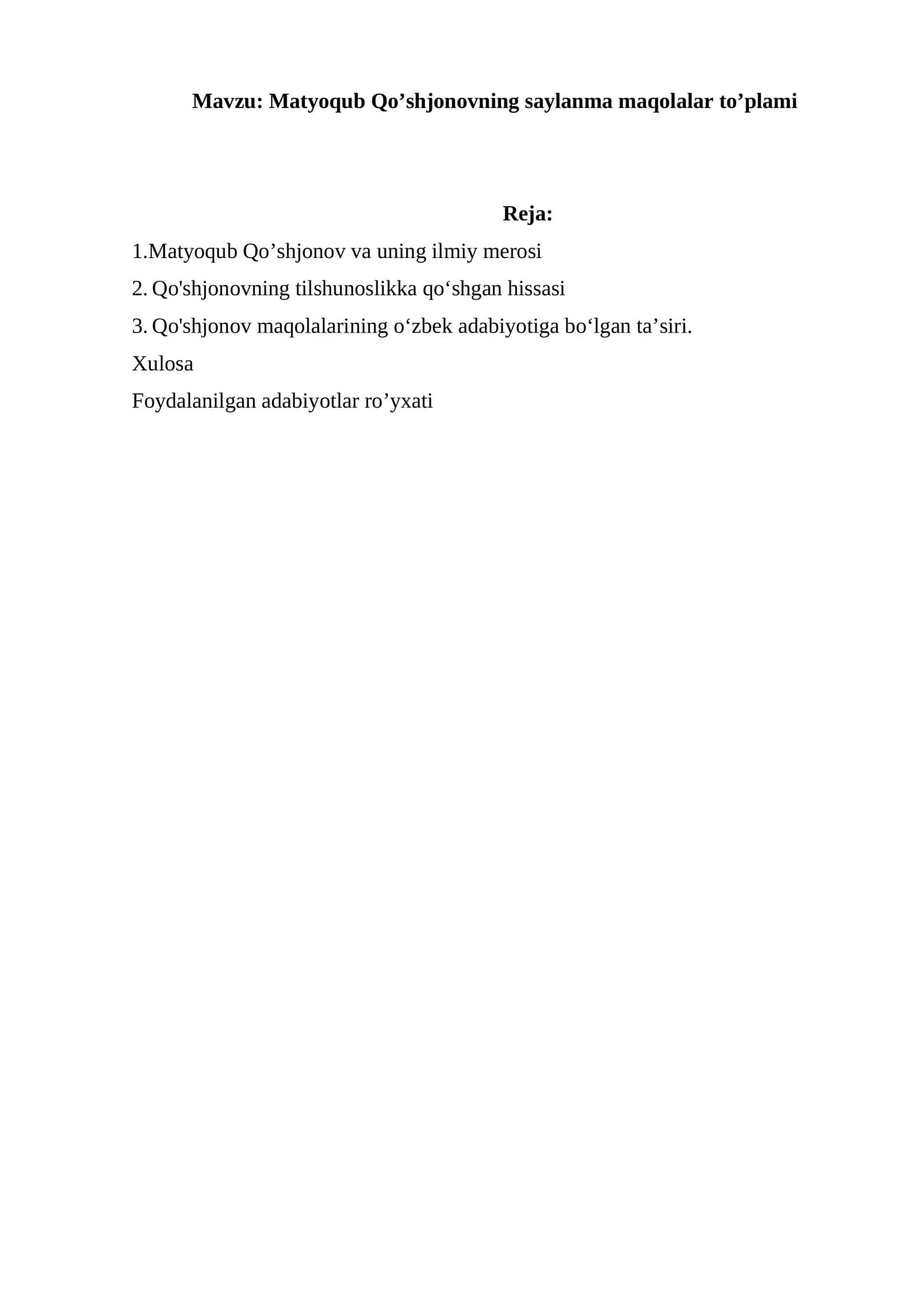 Matyoqub Qo’shjonovning saylanma maqolalar to’plami 1