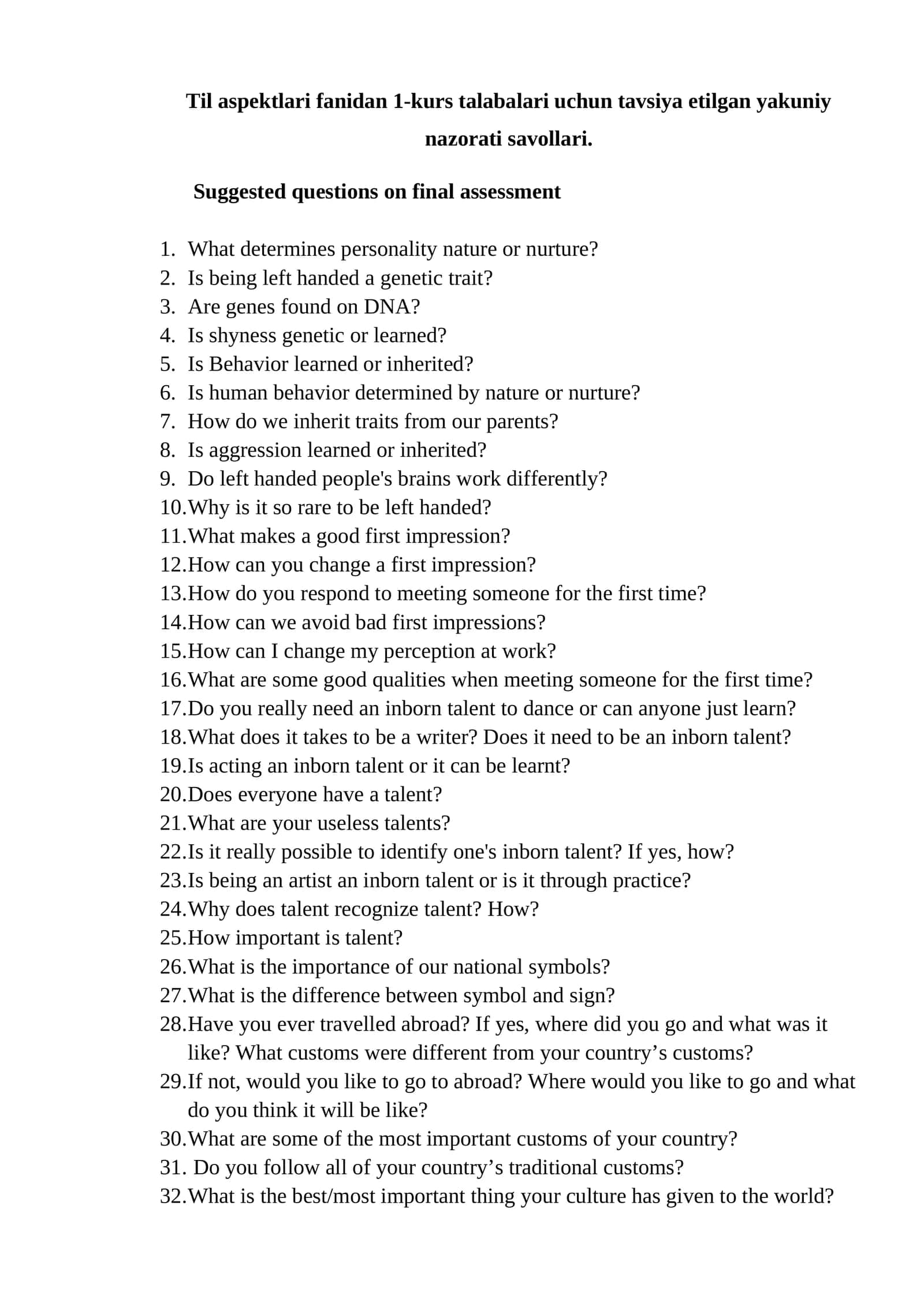 Yakuniy nazorat savollari (Final assessment questions) 1