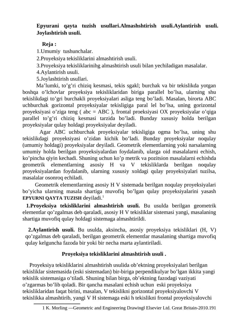 Proyeksiya Tekisliklari va Almashtirish Usullari 1