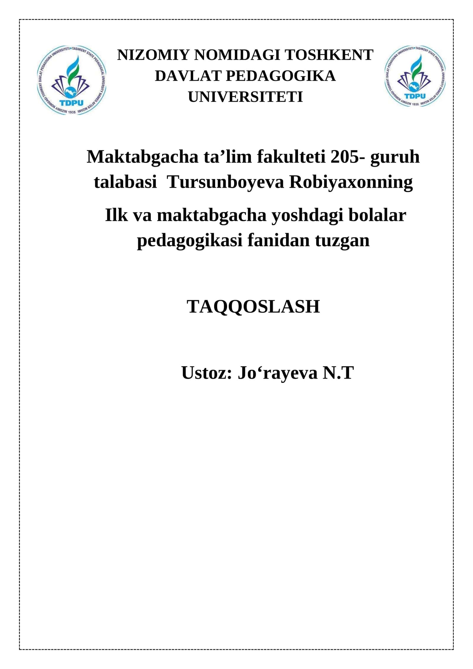 Ilk va maktabgacha yoshdagi bolalar pedagogikasi 1