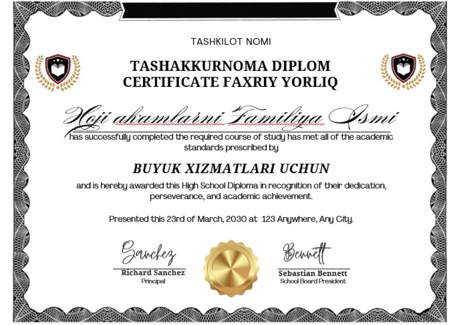 TASHAKKURNOMA DIPLOM CERTIFICATE FAXRIY YORLIQ 1