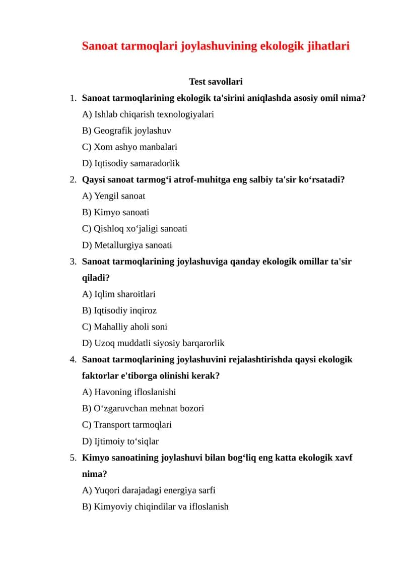 Sanoat tarmoqlari joylashuvining ekologik jihatlari 1