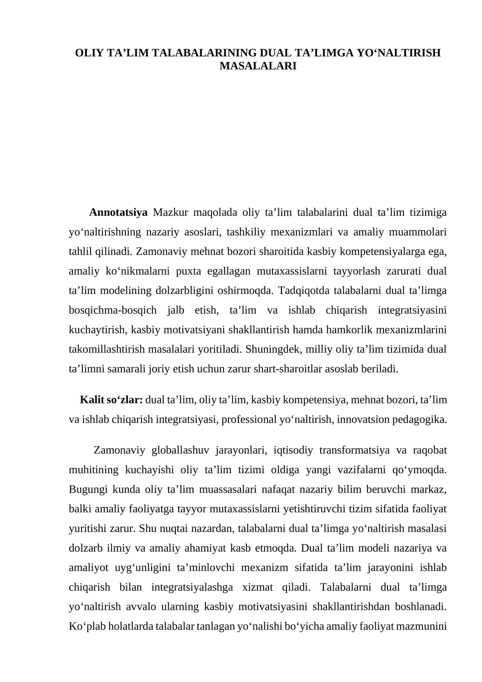 OLIY TA’LIM TALABALARINING DUAL TA’LIMGA YO‘NALTIRISH MASALALARI 1