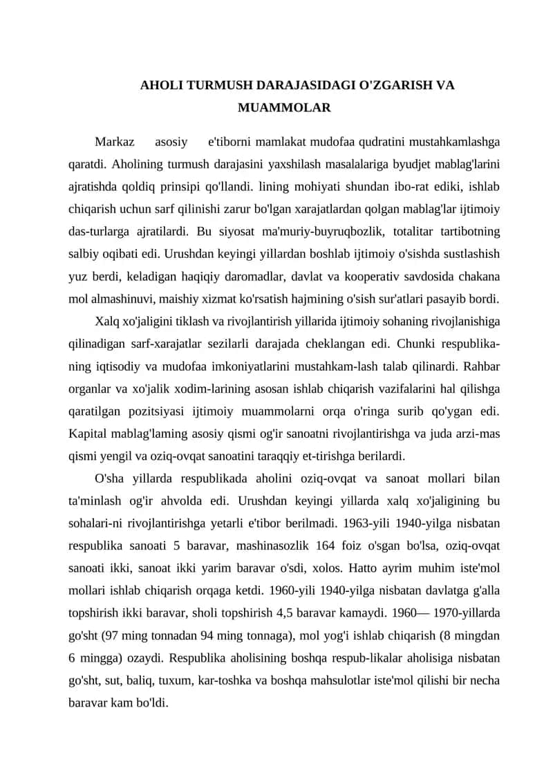 AHOLI TURMUSH DARAJASIDAGI O'ZGARISH VA MUAMMOLAR 1