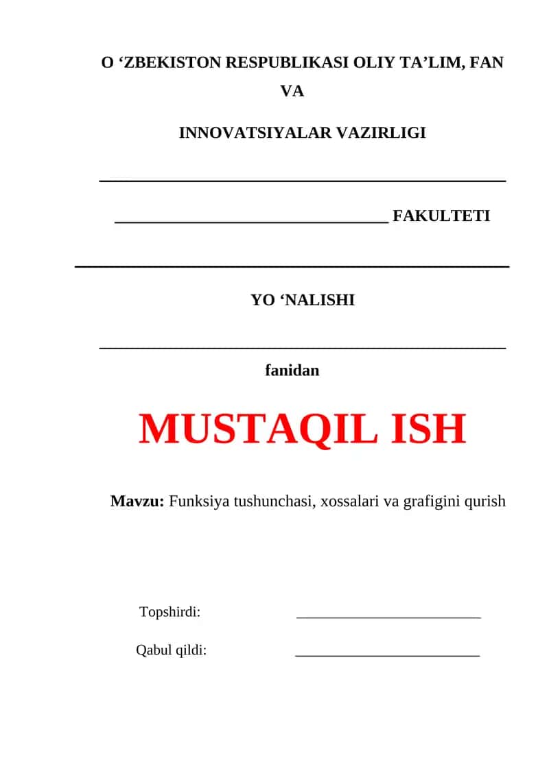 Funksiya tushunchasi, xossalari va grafigini qurish 1