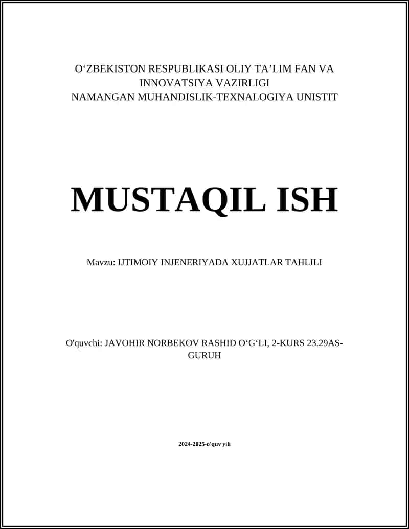 IJTIMOIY INJENERIYADA XUJJATLAR TAHLILI 1