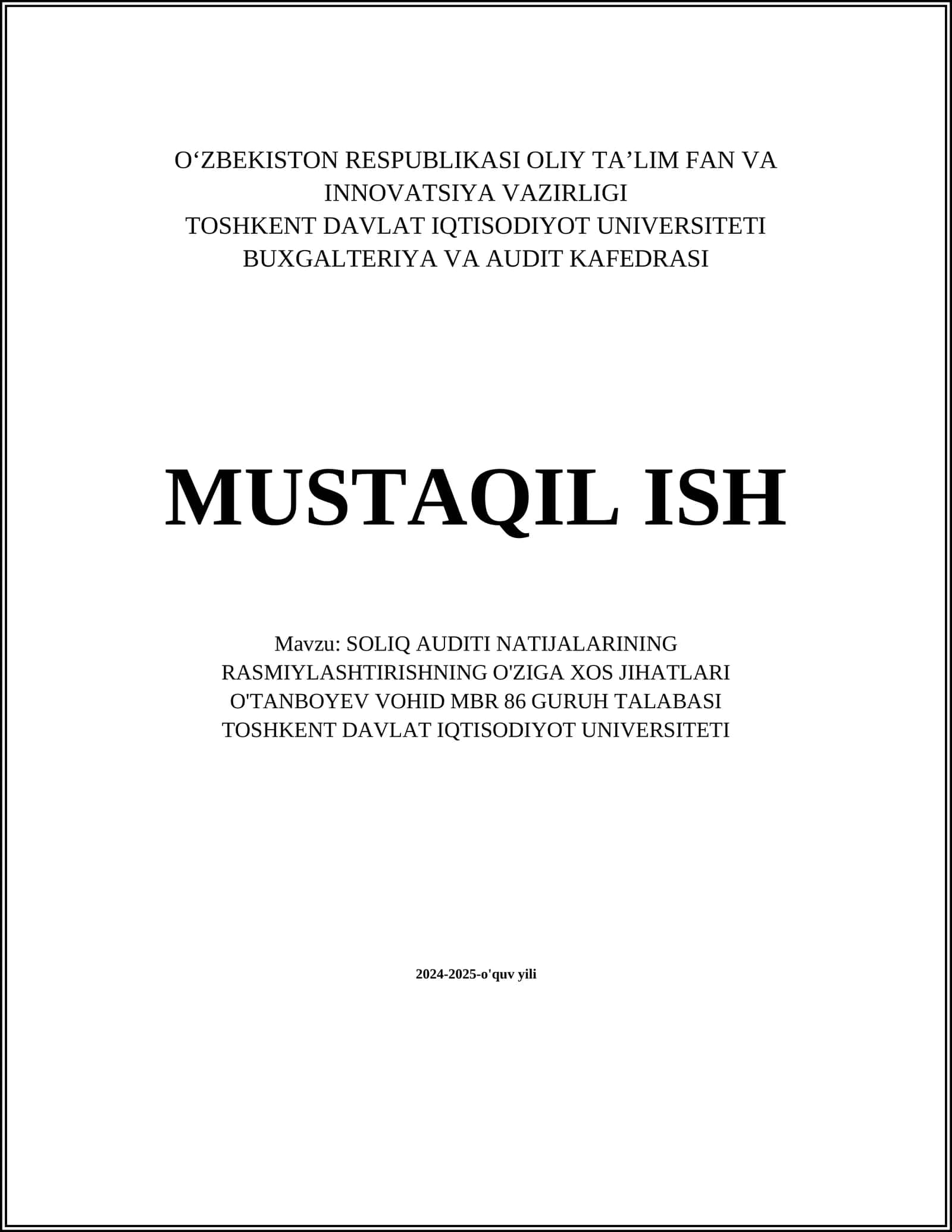 SOLIQ AUDITI NATIJALARINING RASMIYLASHTIRISHNING O'ZIGA XOS JIHATLARI 1
