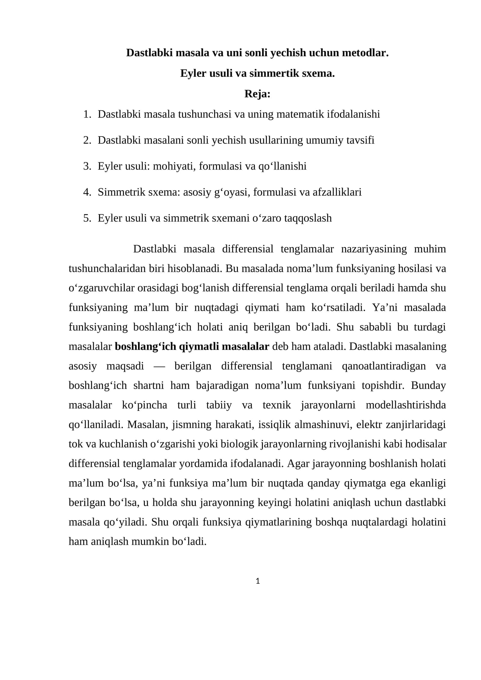 Dastlabki masala va uni sonli yechish uchun metodlar 1