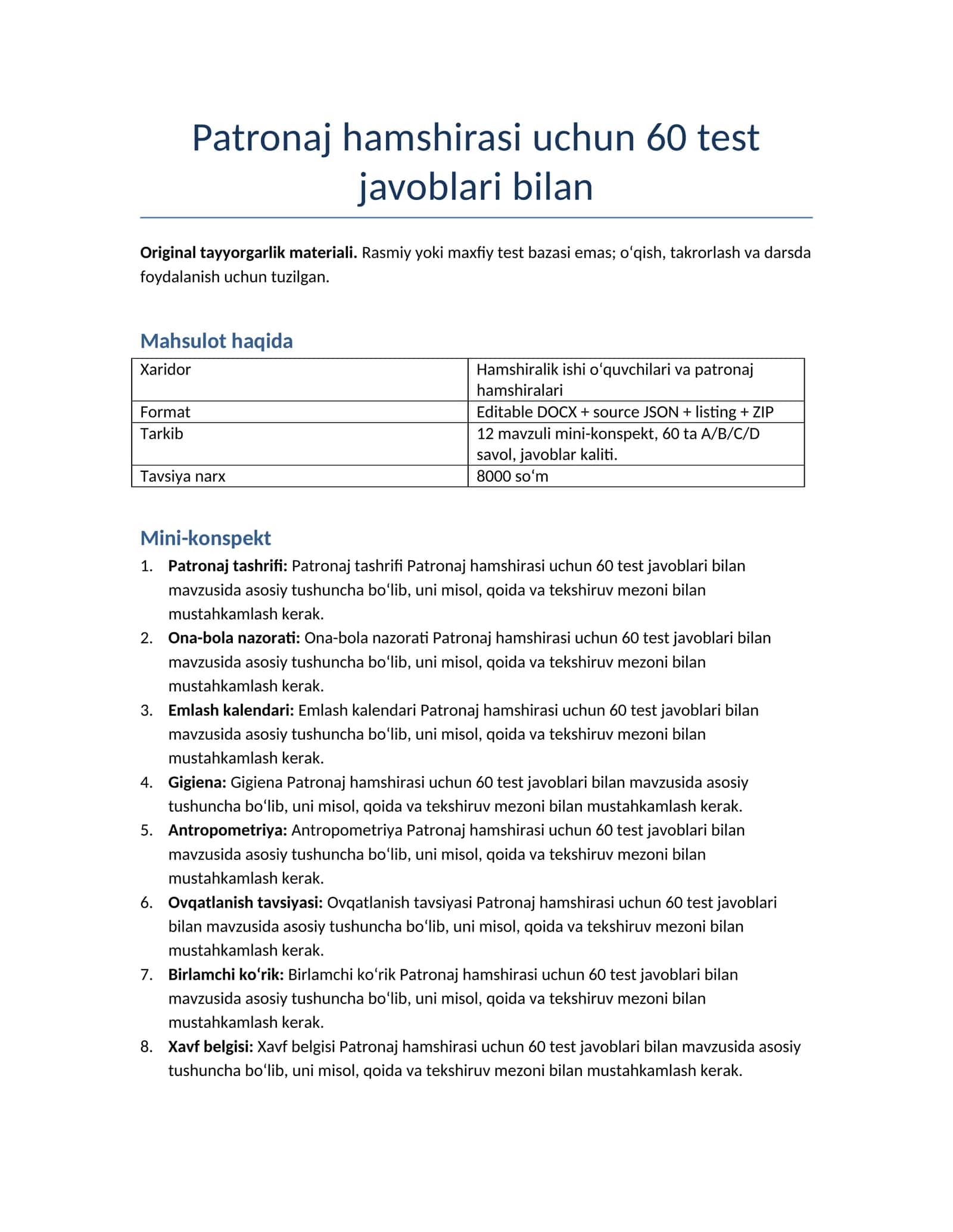 Patronaj hamshirasi uchun 60 test javoblari bilan 1