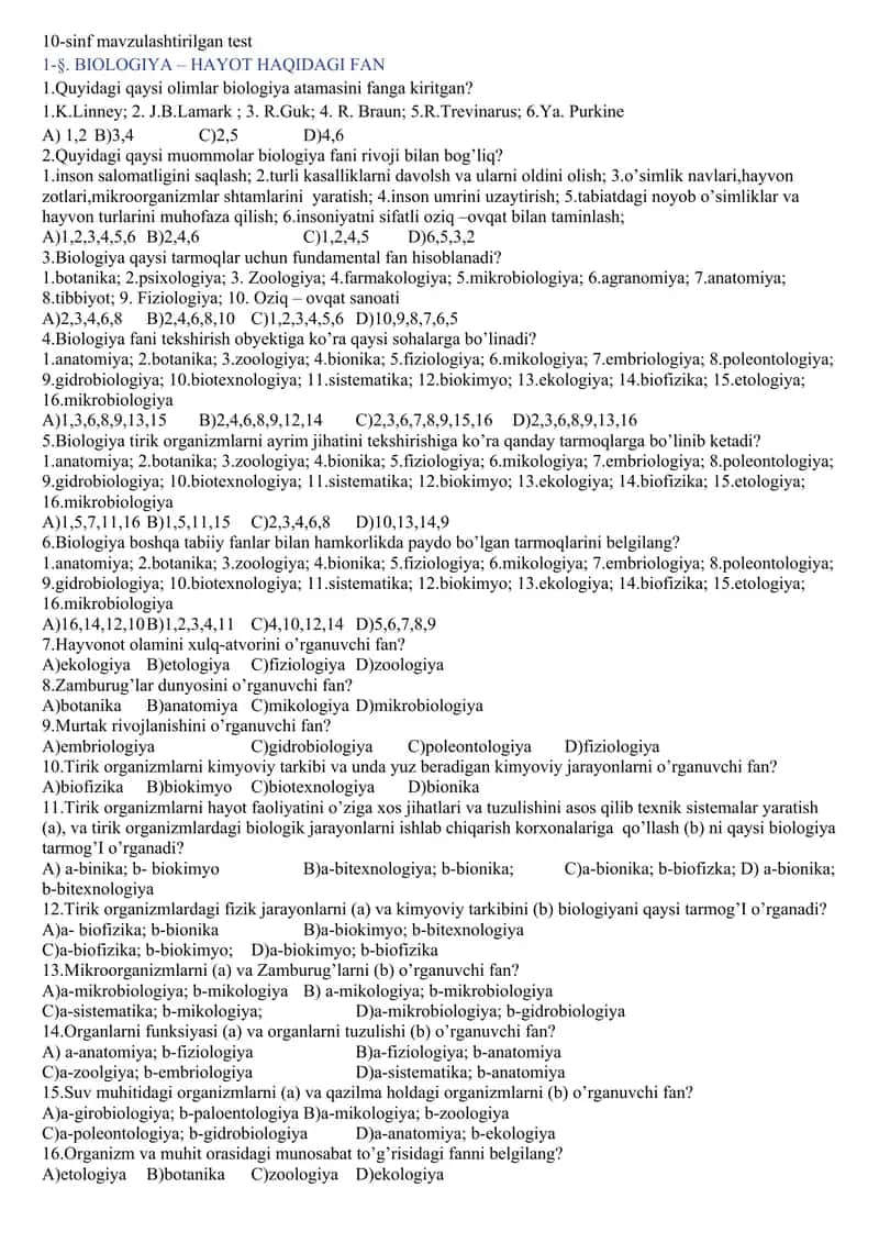 10-sinf biologiadan mavzulashtirilgan test 1