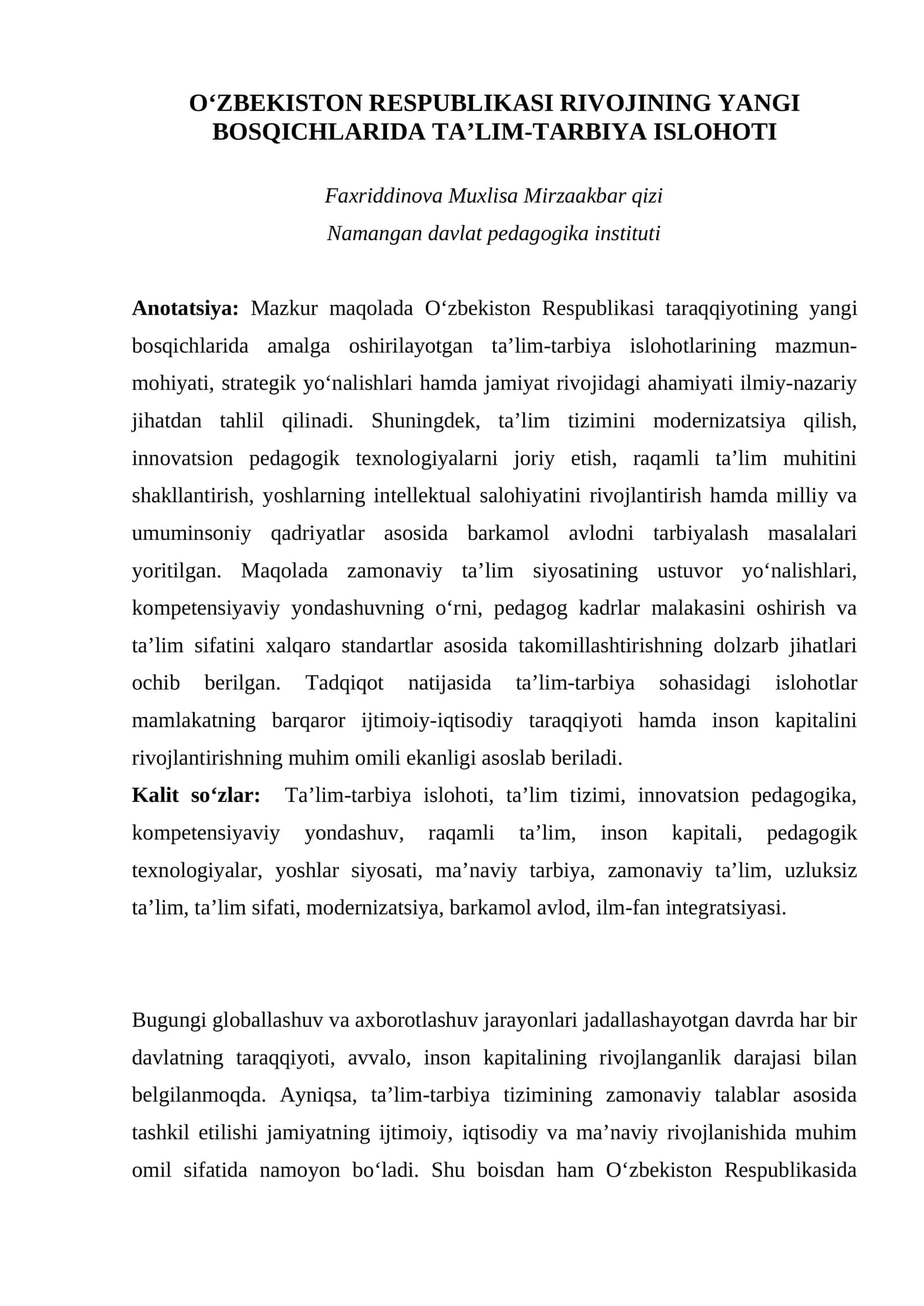 O'ZBEKISTON RESPUBLIKASI RIVOJINING YANGI BOSQICHLARI 1
