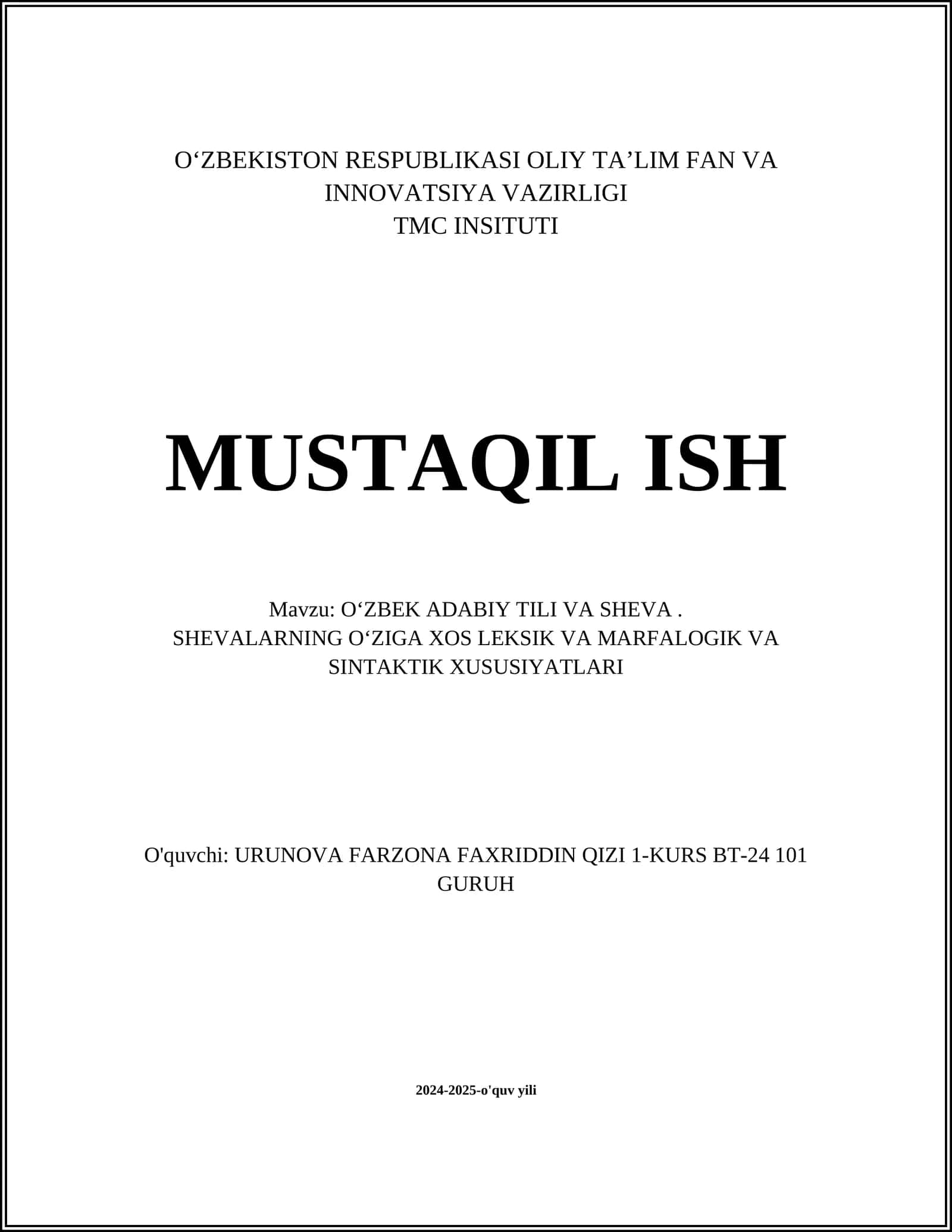 O'ZBEK ADABIY TILI VA SHEVA 1