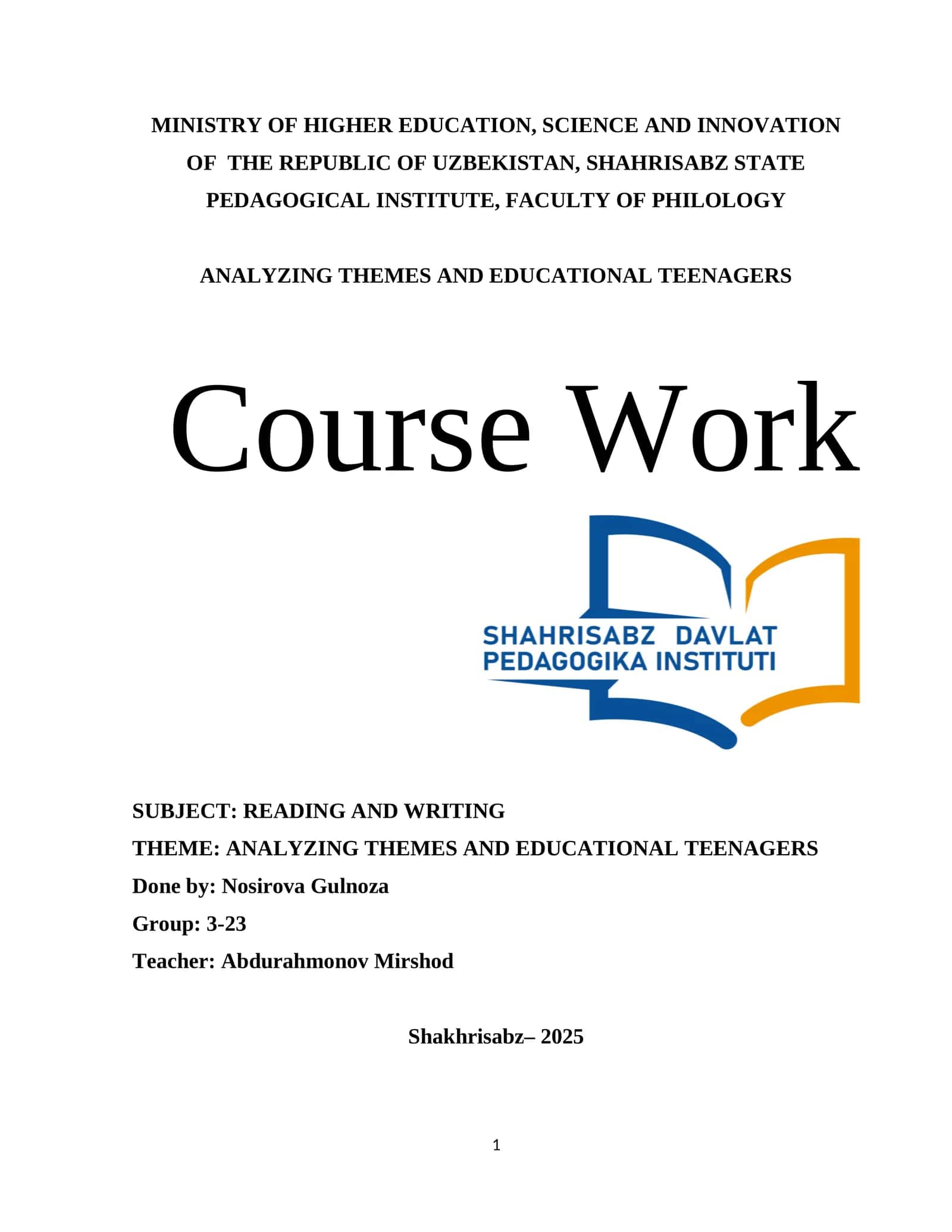 Course Work on Analyzing Themes and Educational Teenagers 1