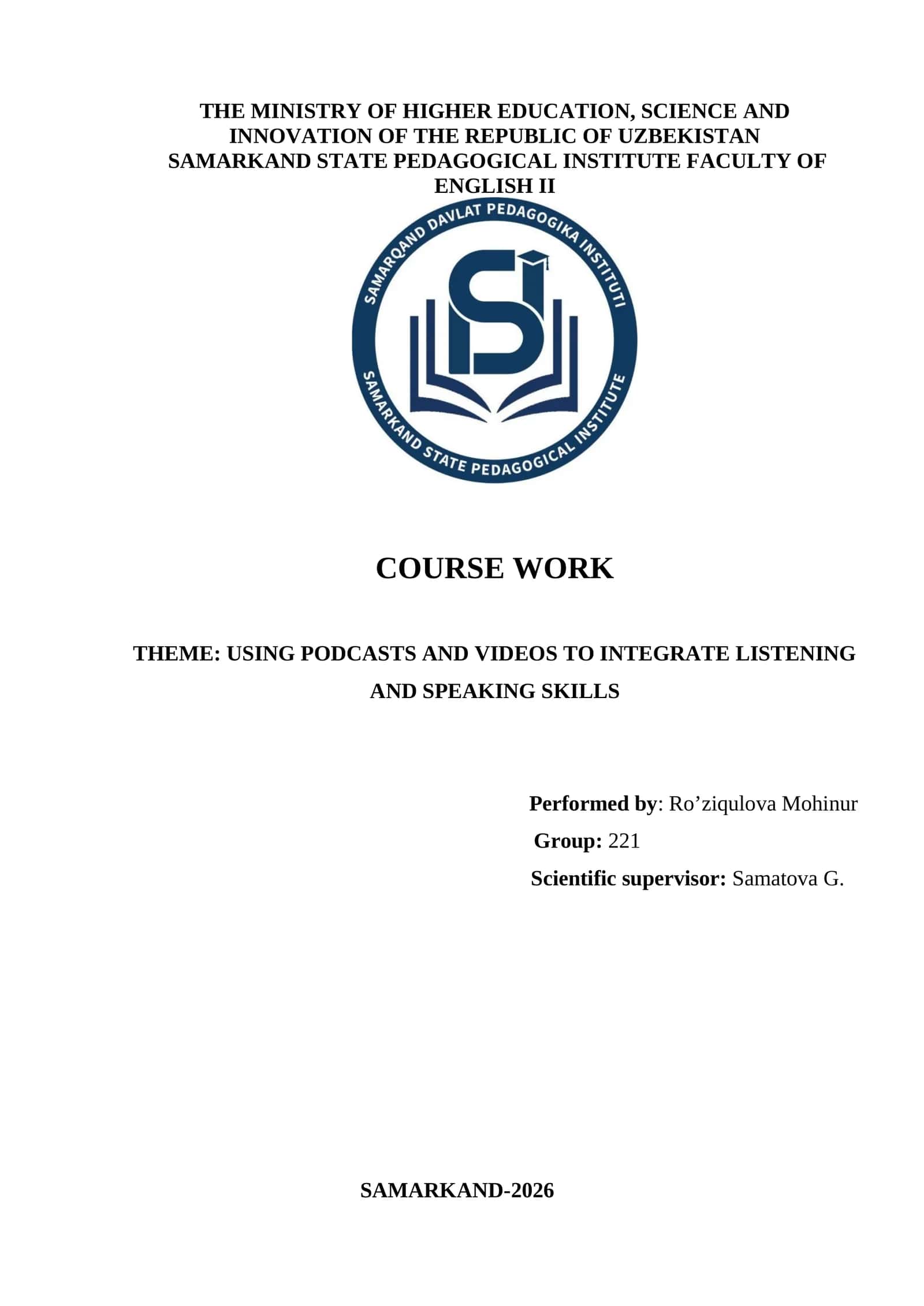 Course Work: Using Podcasts and Videos for English Language Teaching 1
