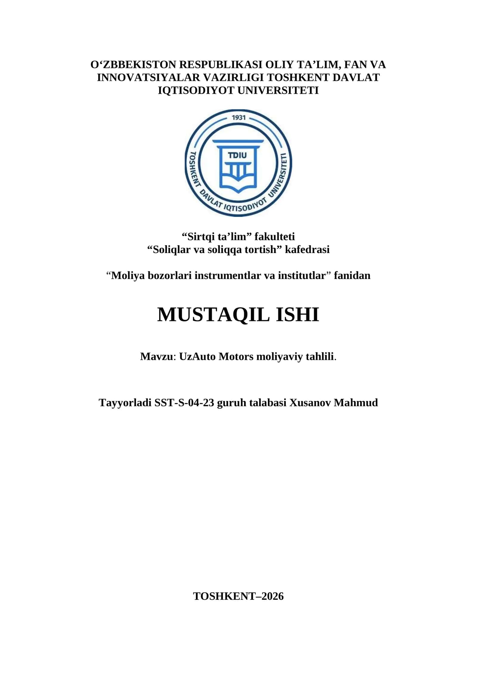 UzAuto Motors moliyaviy tahlili 1