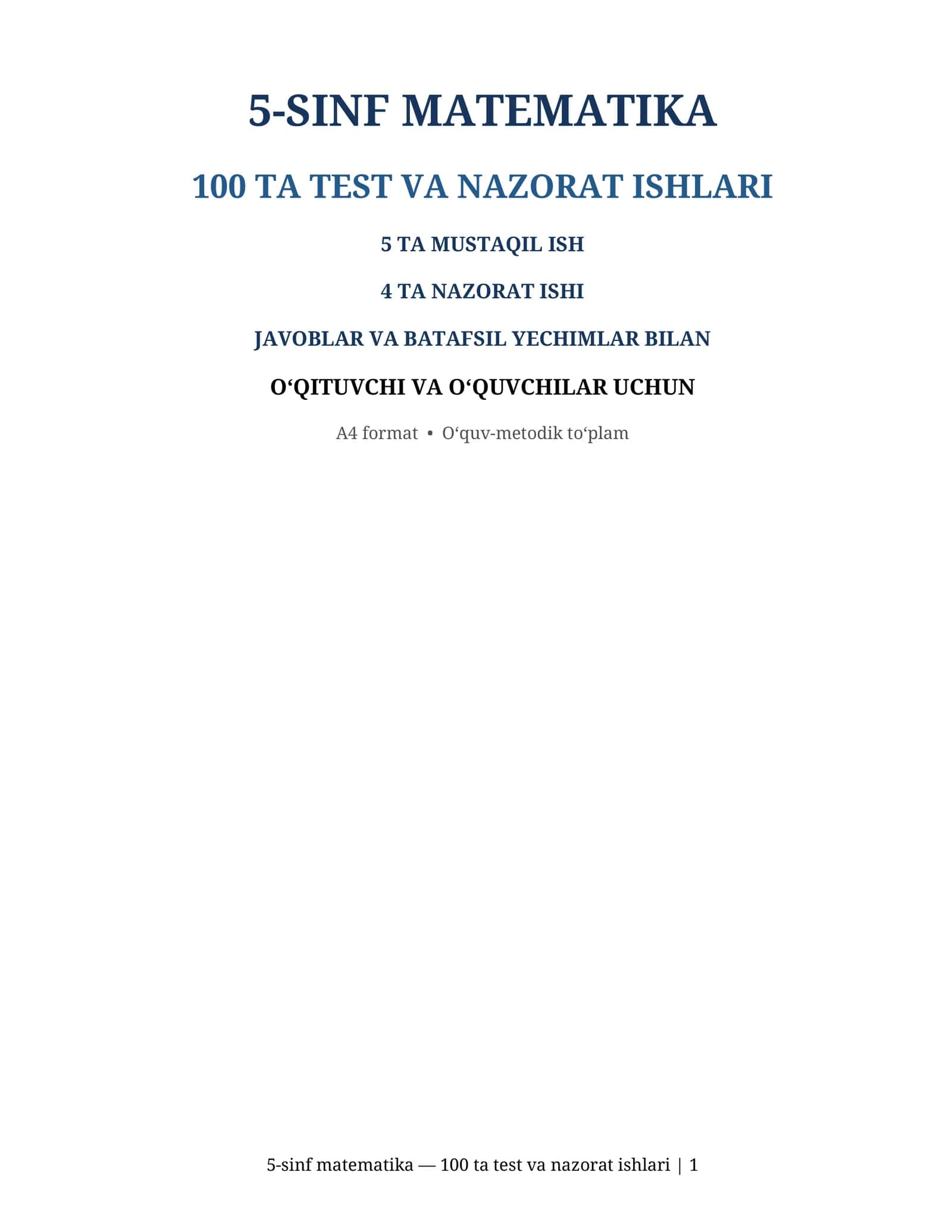 5-sinf matematika — 100 ta test va nazorat ishlari 1