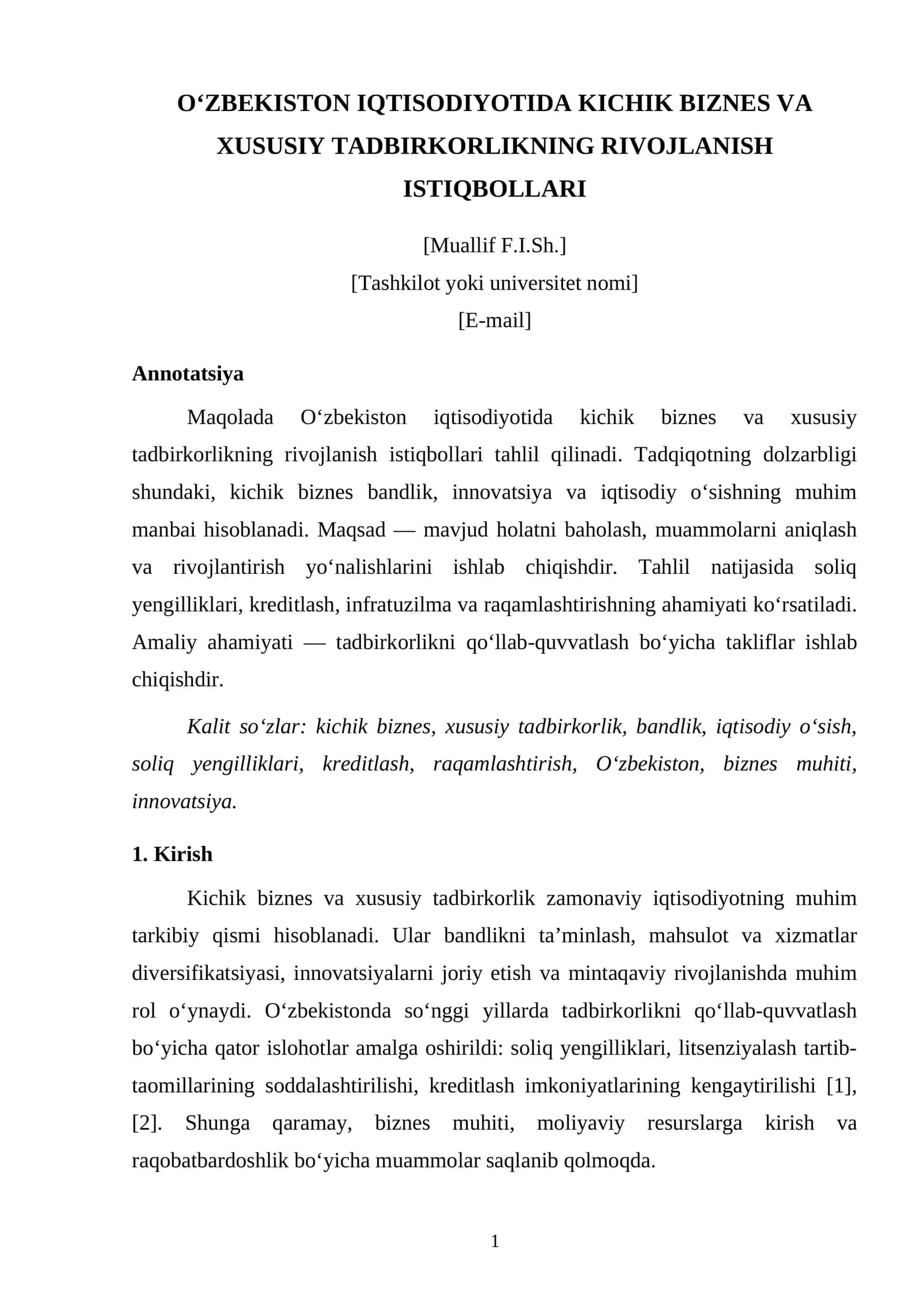 O‘ZBEKISTON IQTISODIYOTIDA KICHIK BIZNES VA XUSUSIY TADBIRKORLIKNING RIVOJLANISH ISTIQBOLLARI 1