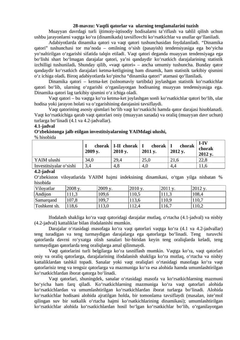 Vaqtli qatorlar va ularning tenglamalarini tuzish 1