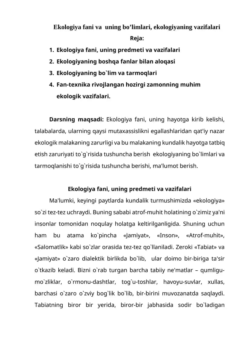 Ekologiya fani va uning bo’limlari 1