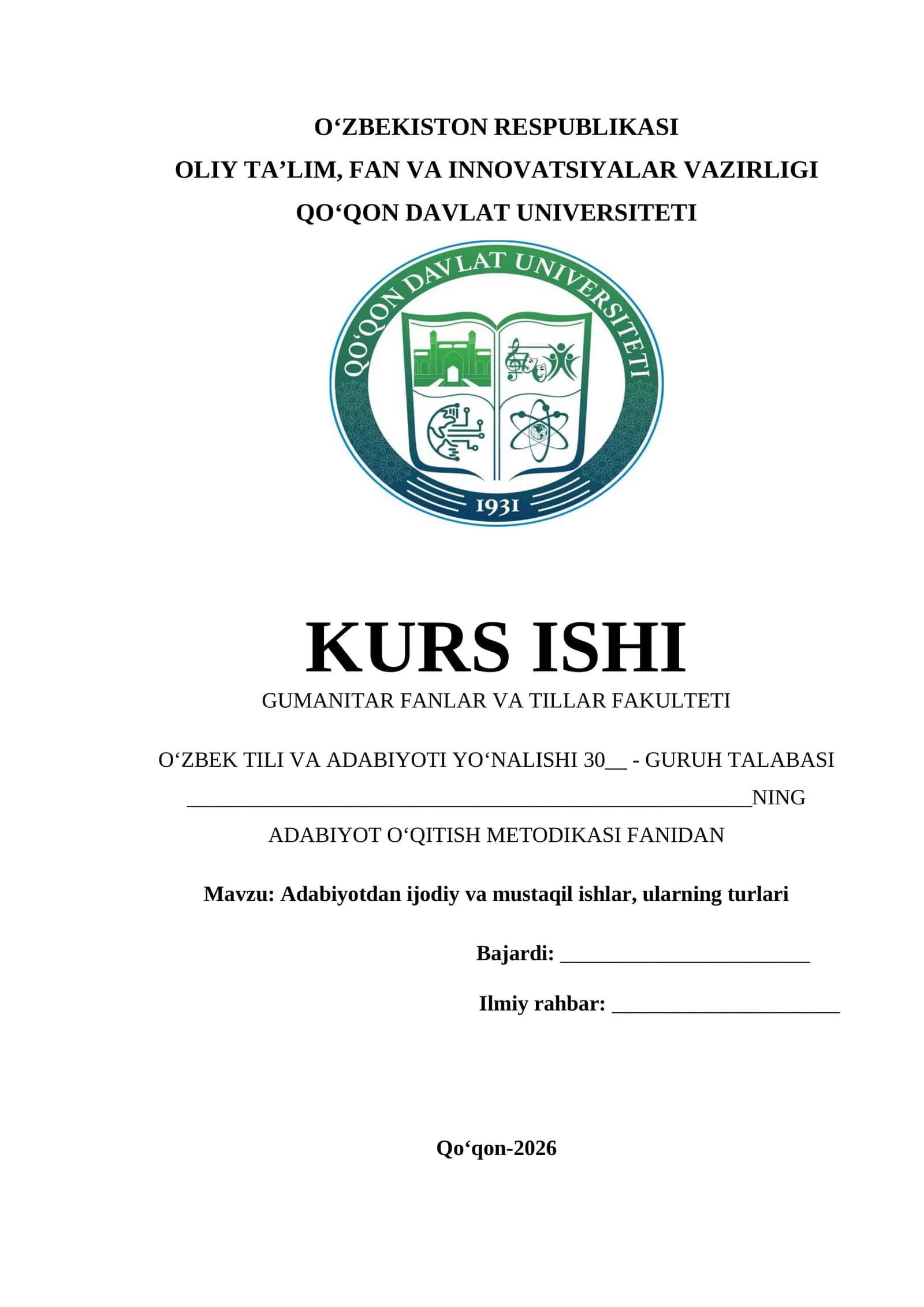 Adabiyotdan ijodiy va mustaqil ishlar, ularning turlari kurs ishi 1