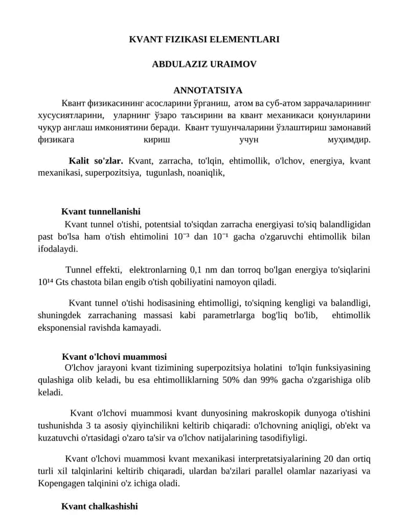 KVANT FIZIKASI ELEMENTLARI 1