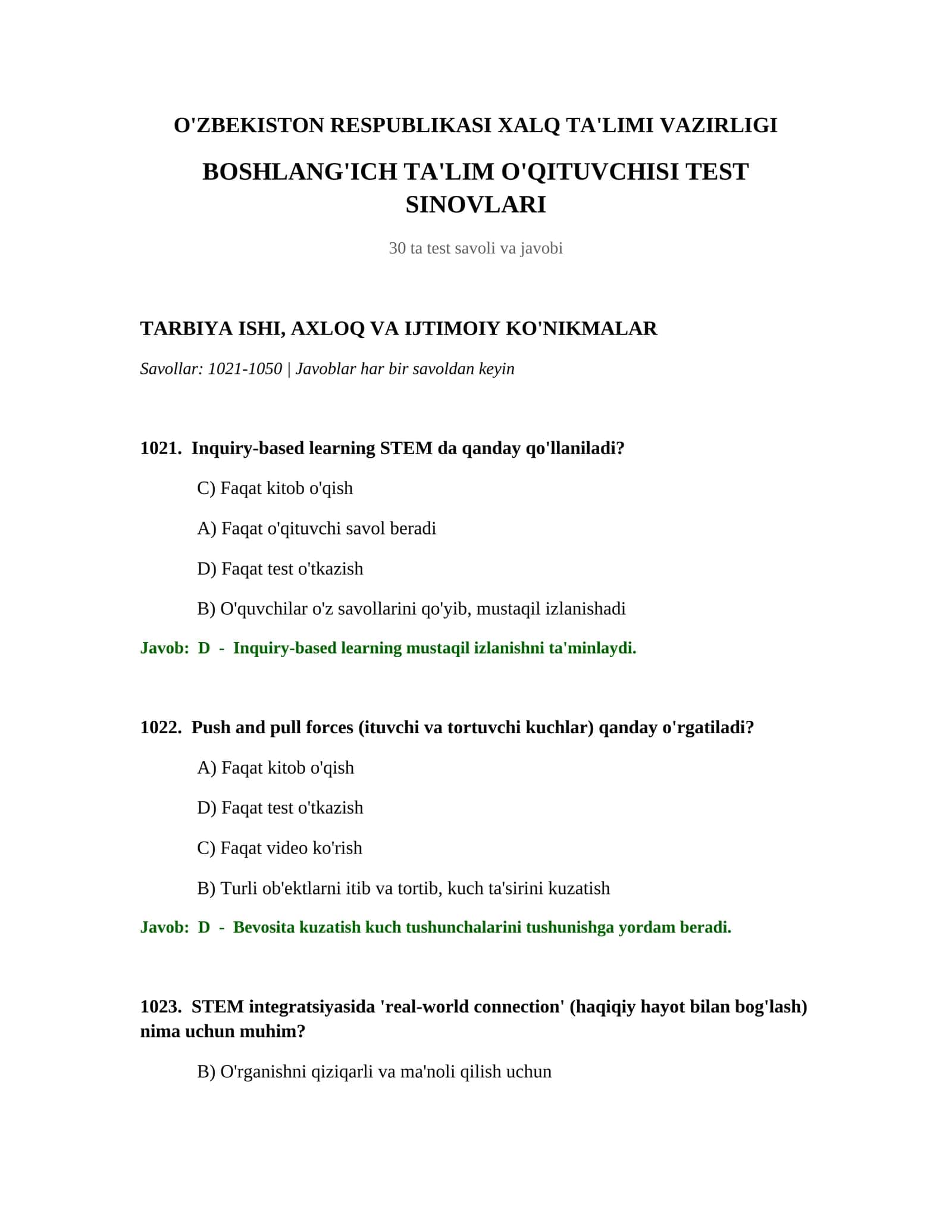 BOSHLANG'ICH TA'LIM O'QITUVCHISI TEST SINOVLARI 1