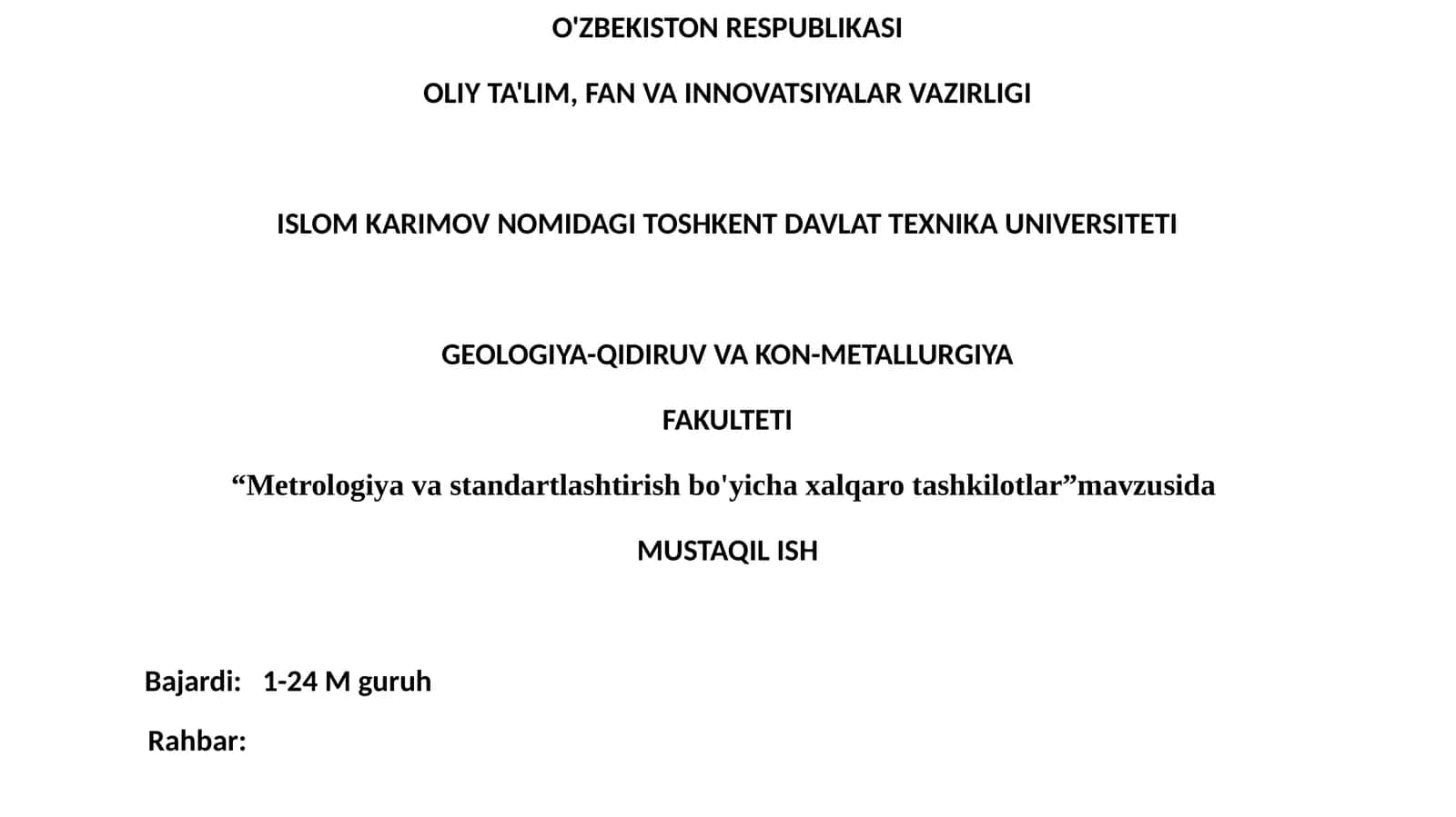 Metrologiyavastandartlashtirishbo'yichaxalqarotashkilotlar 1