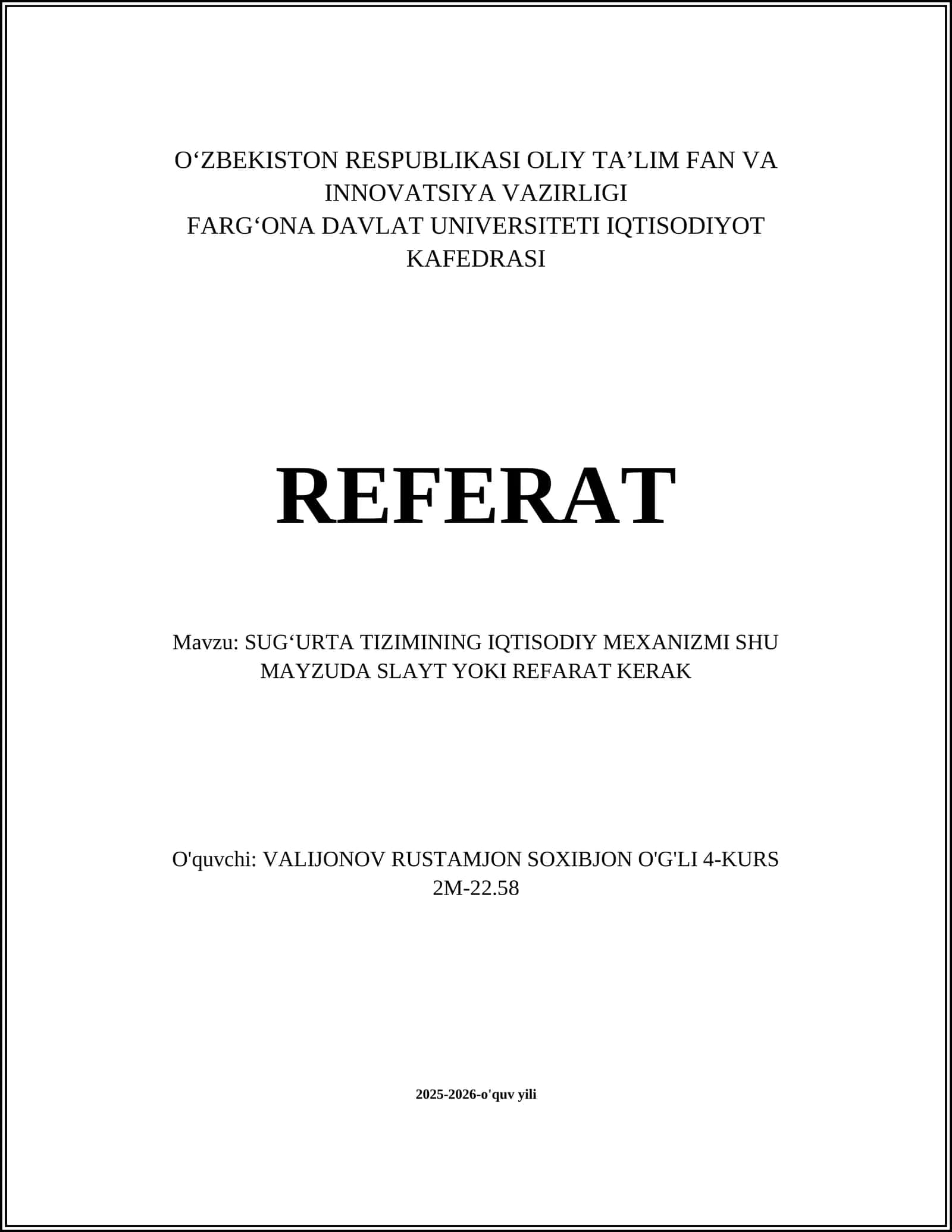 SUG‘URTA TIZIMINING IQTISODIY MEXANIZMI 1