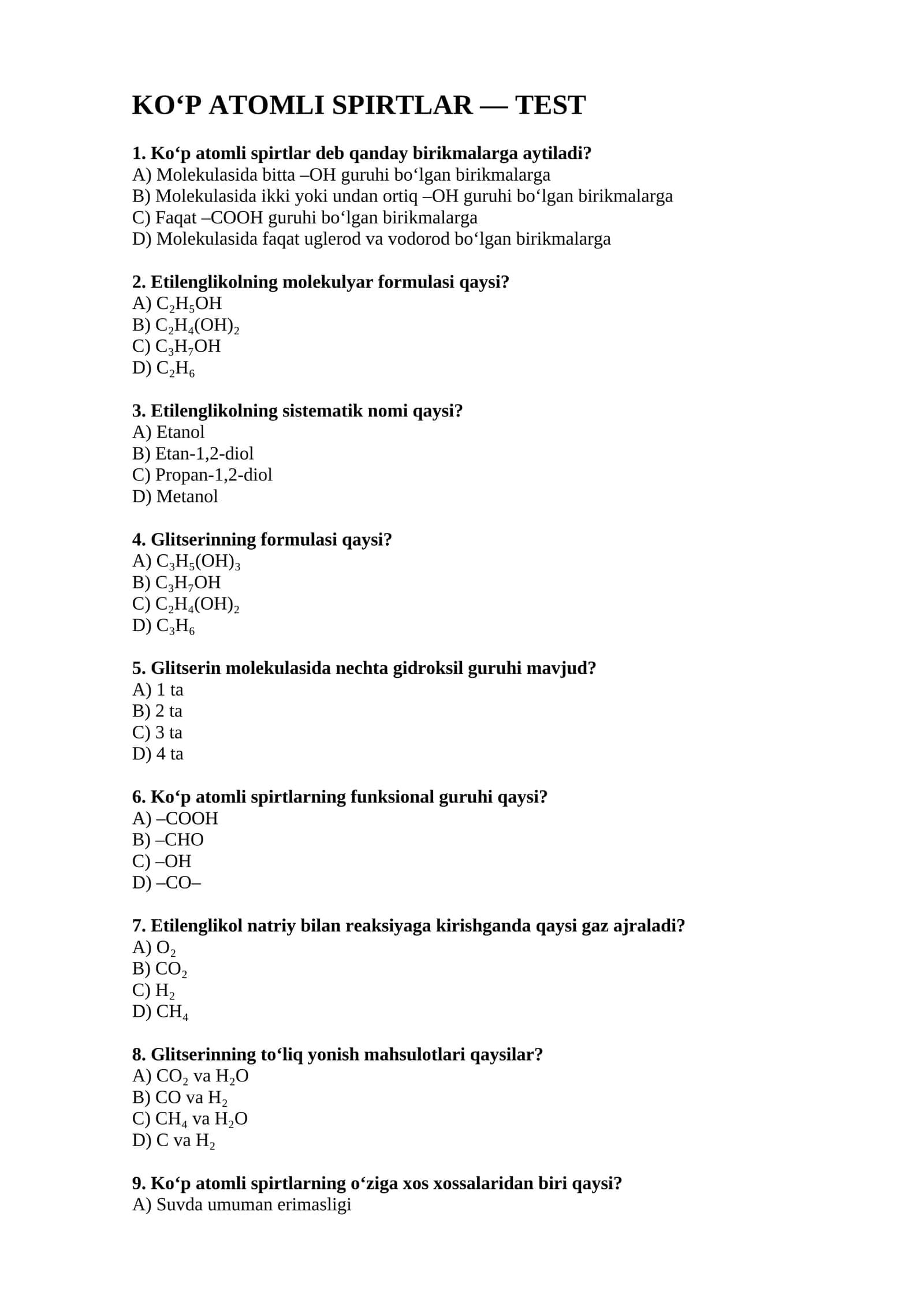 KO‘P ATOMLI SPIRTLAR — TEST 1
