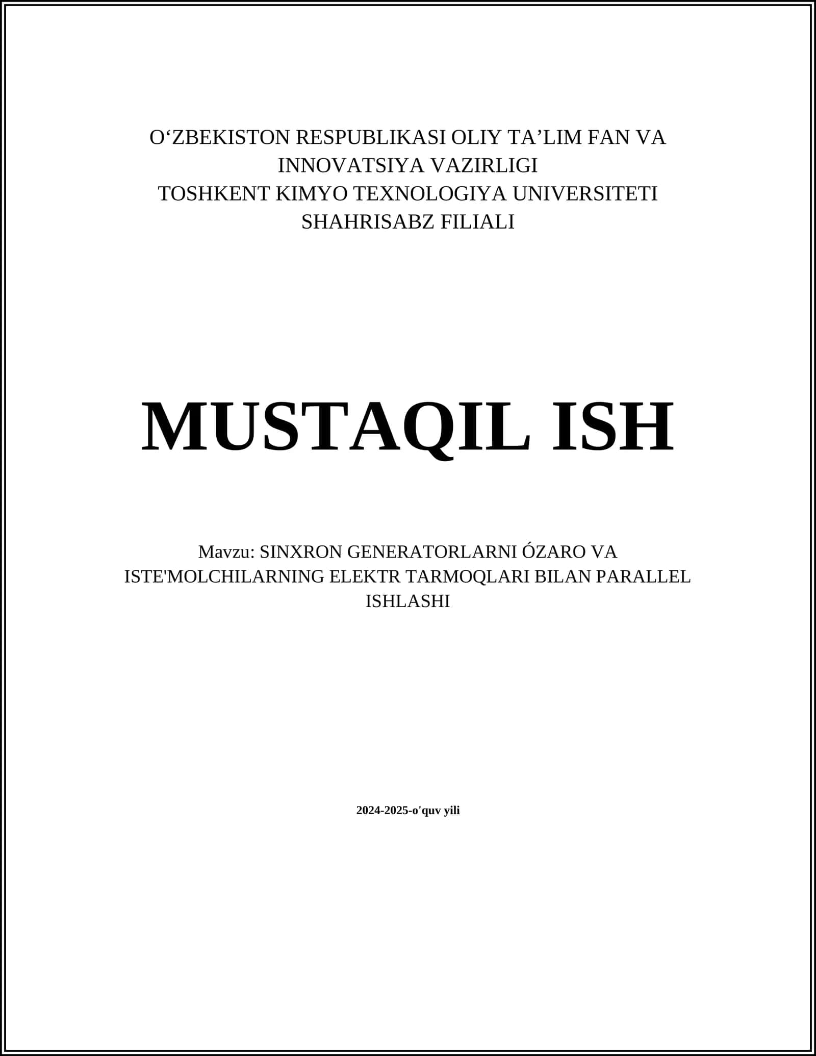 SINXRON GENERATORLARNI ÓZARO VA ISTE'MOLCHILARNING ELEKTR TARMOQLARI BILAN PARALLEL ISHLASHI 1