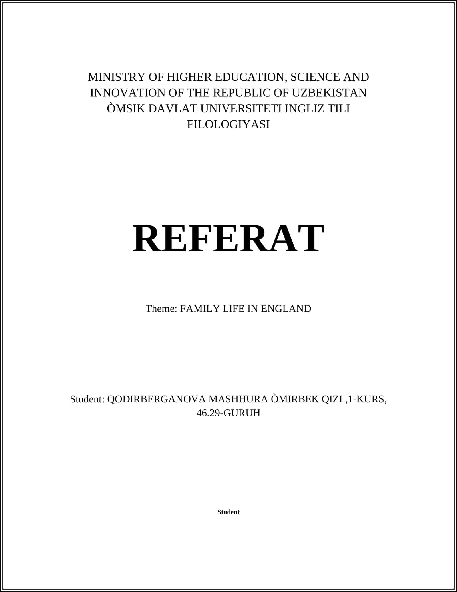 REFERAT: FAMILY LIFE IN ENGLAND 1