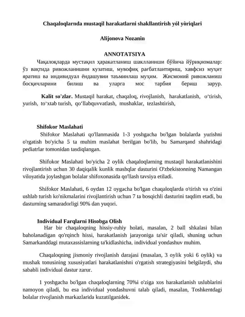 Chaqaloqlarnda mustaqil harakatlarni shakllantirish yól yòriqlari