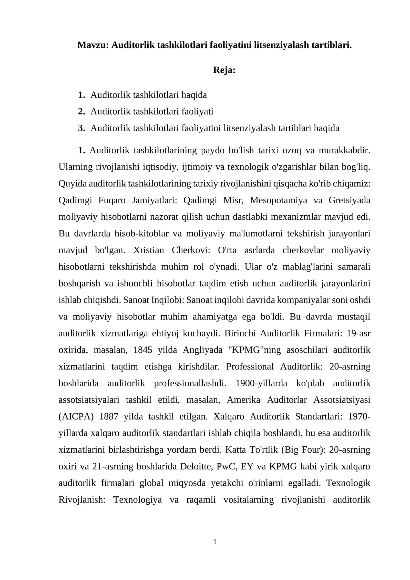 Auditorlik tashkilotlari faoliyatini litsenziyalash tartiblari. 1