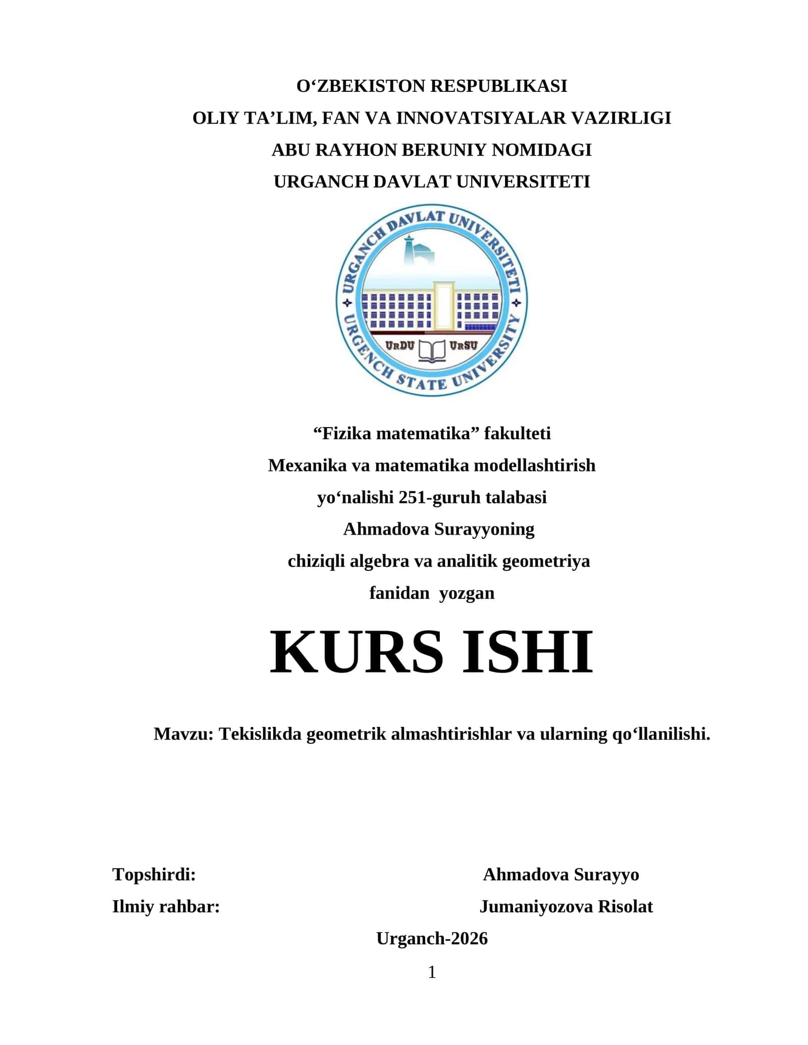 Tekislikda geometrik almashtirishlar va ularning qo‘llanilishi(KURS ISHI) 1