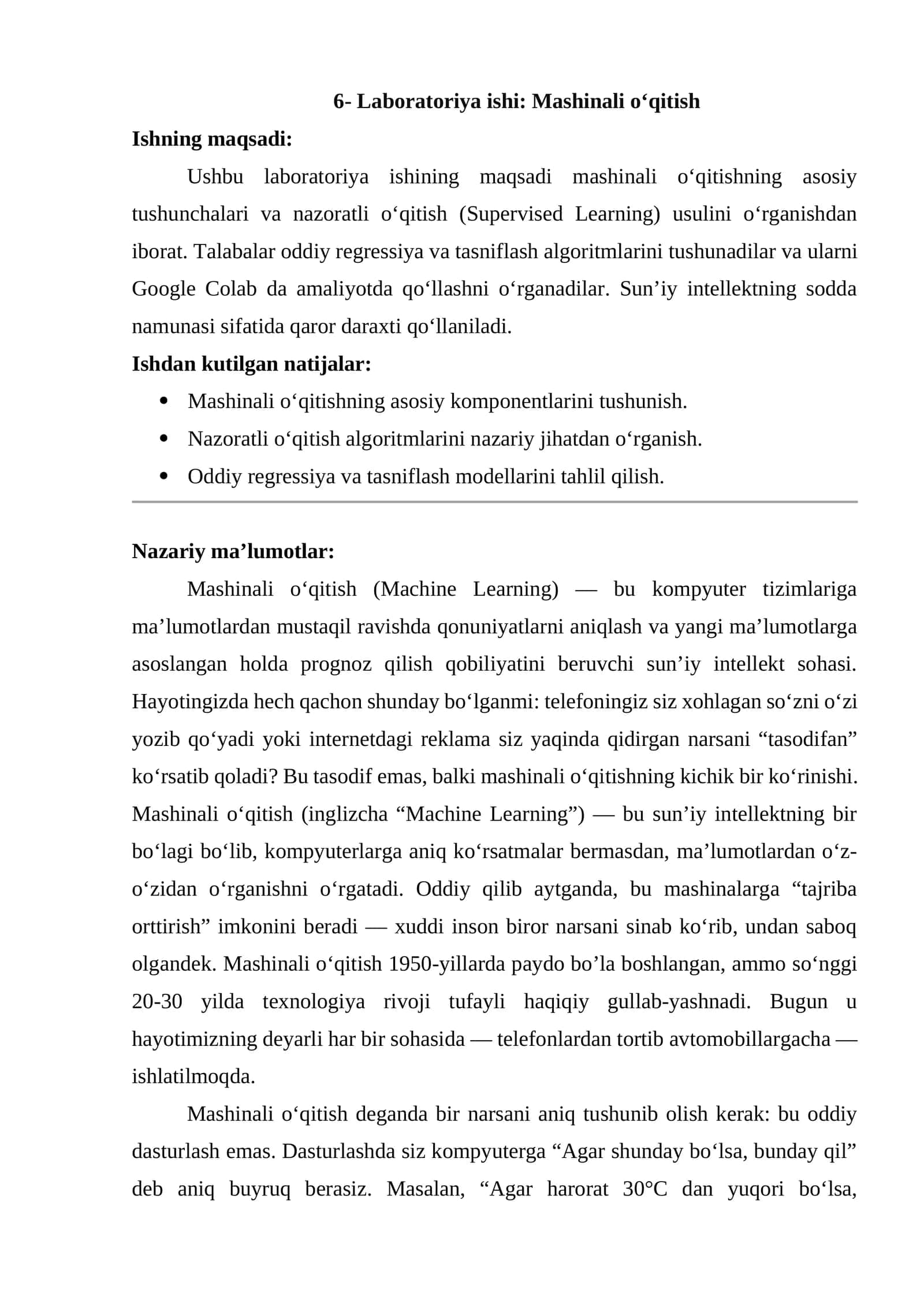 6- Laboratoriya ishi: Mashinali o‘qitish 1