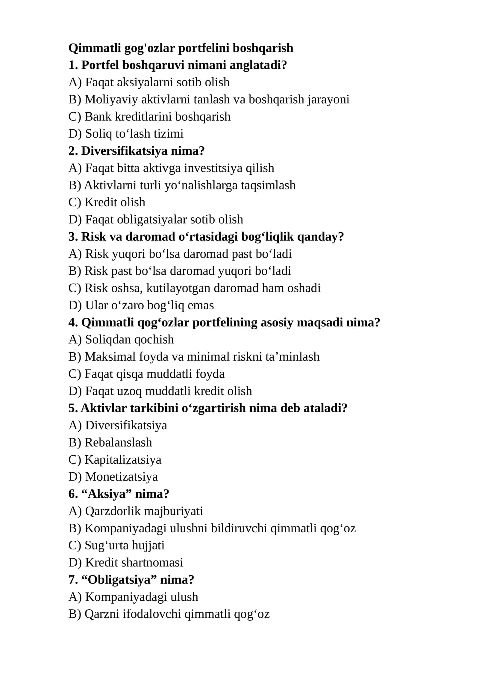 Qimmatli gog'ozlar portfelini boshqarish 1