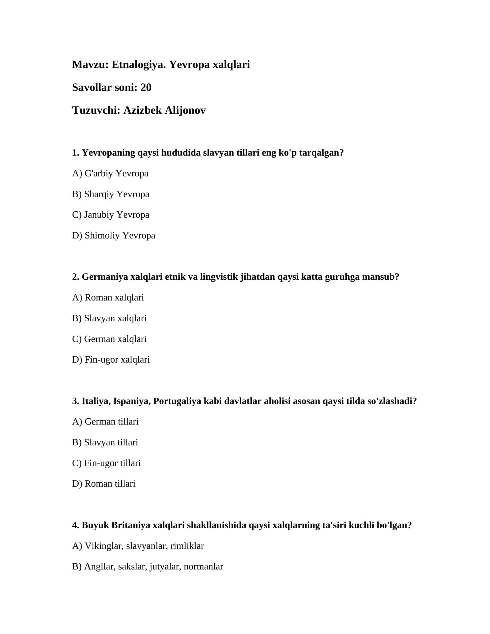 Etnalogiya. Yevropa xalqlari 1