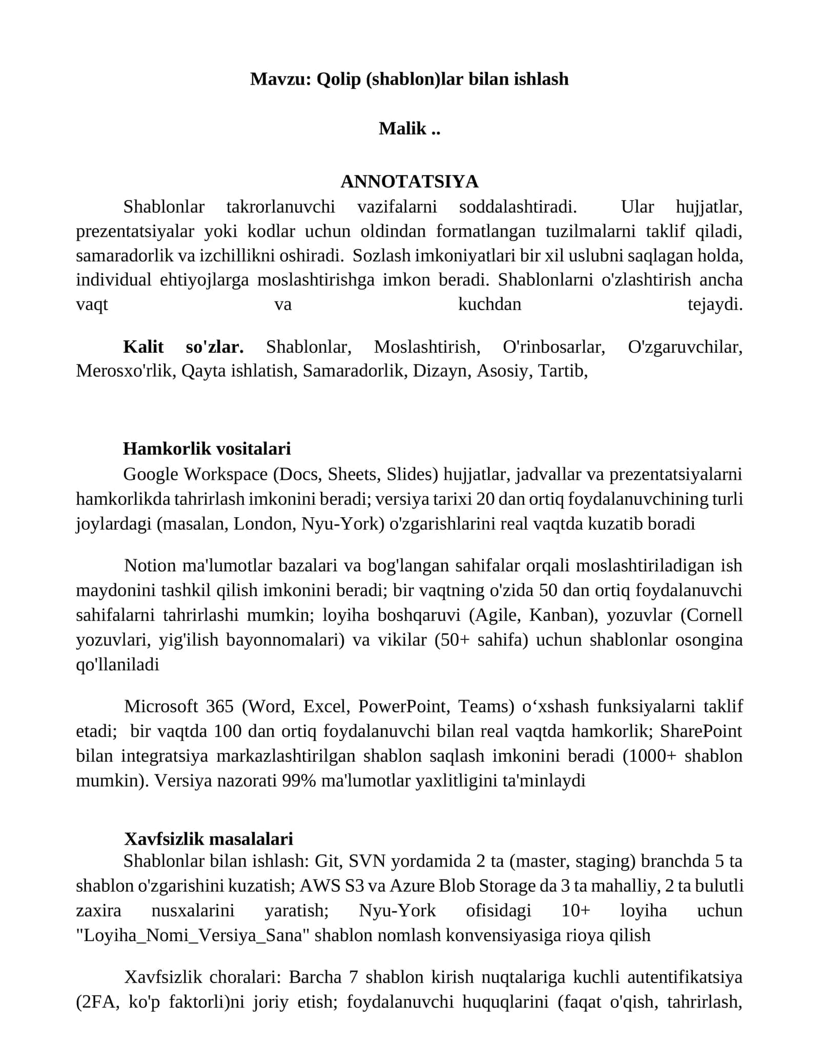 Qolip (shablon)lar bilan ishlash 1