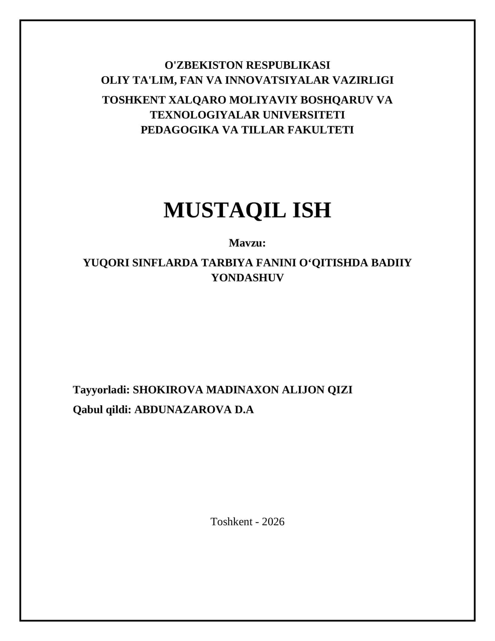 YUQORI SINFLARDA TARBIYA FANINI OʻQITISHDA BADIIY YONDASHUV 1