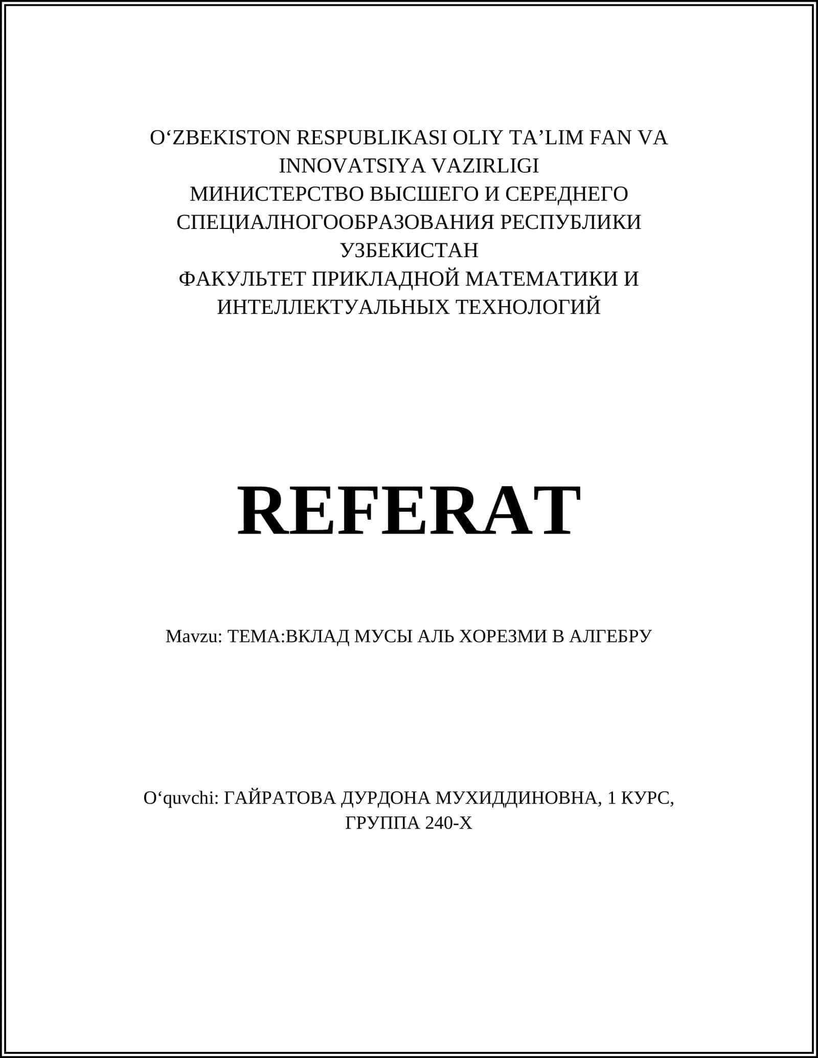 REFERAT TEMA:ВКЛАД МУСЫ АЛЬ ХОРЕЗМИ В АЛГЕБРУ 1
