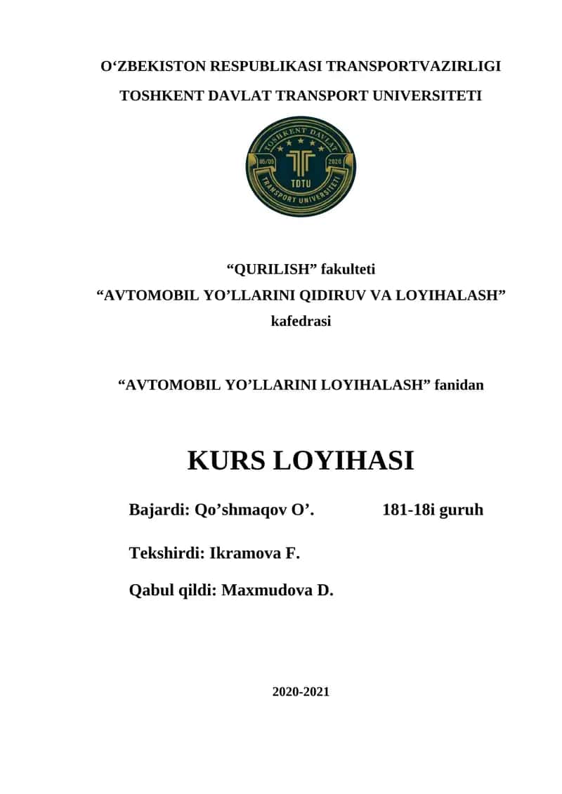 AVTOMOBIL YO’LLARINI LOYIHALASH 1