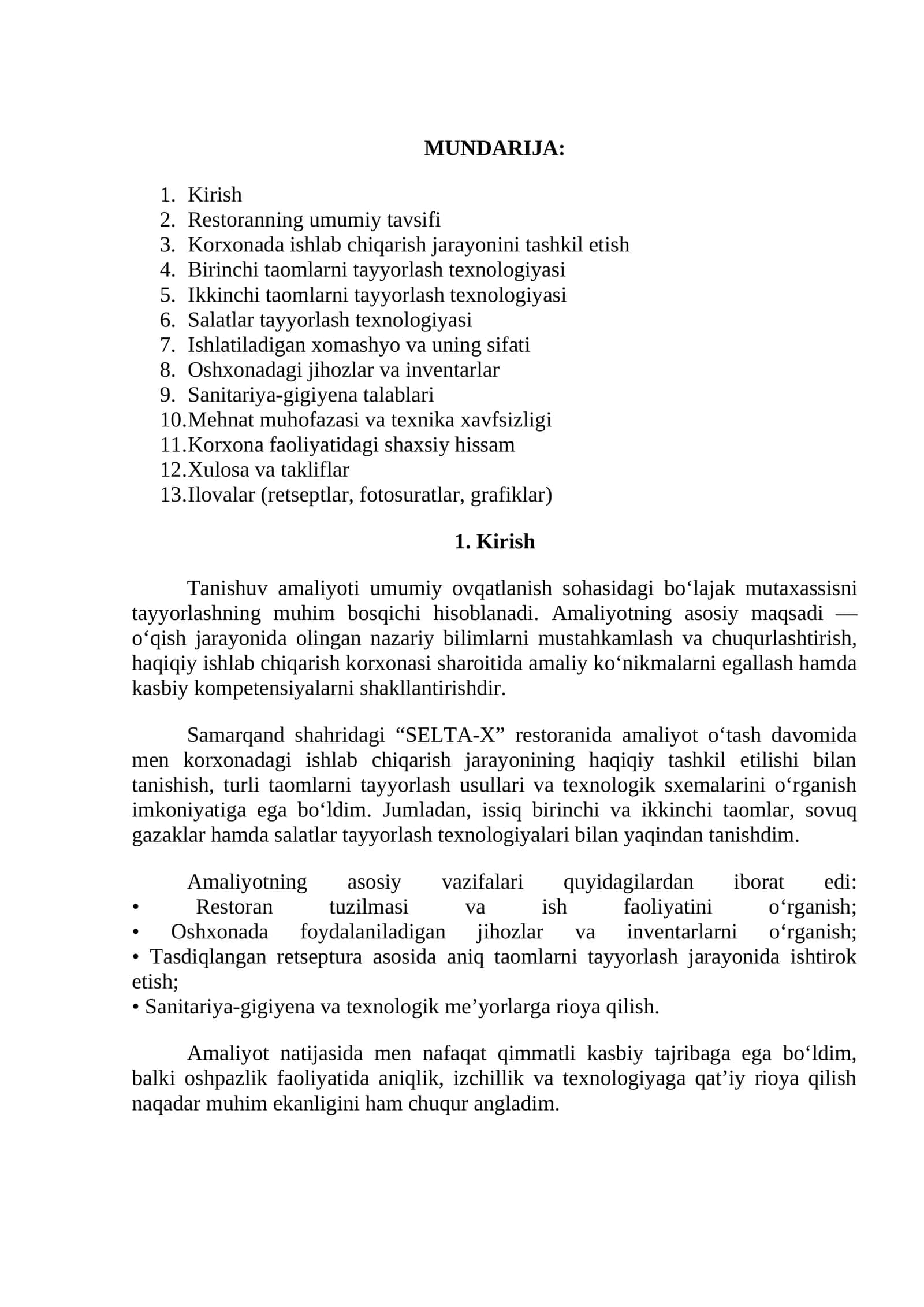 “SELTA-X” da amaliyot hisoboti 1