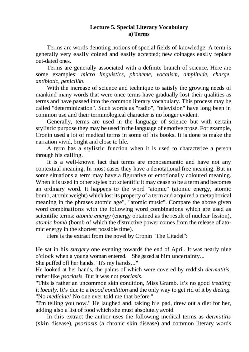 Lecture 5. Special Literary Vocabulary 1