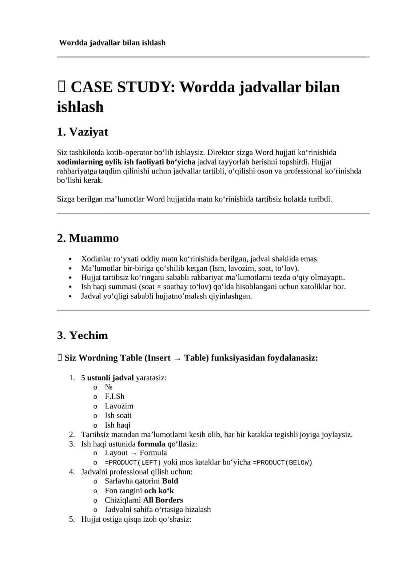 Wordda jadvallar bilan ishlash 1