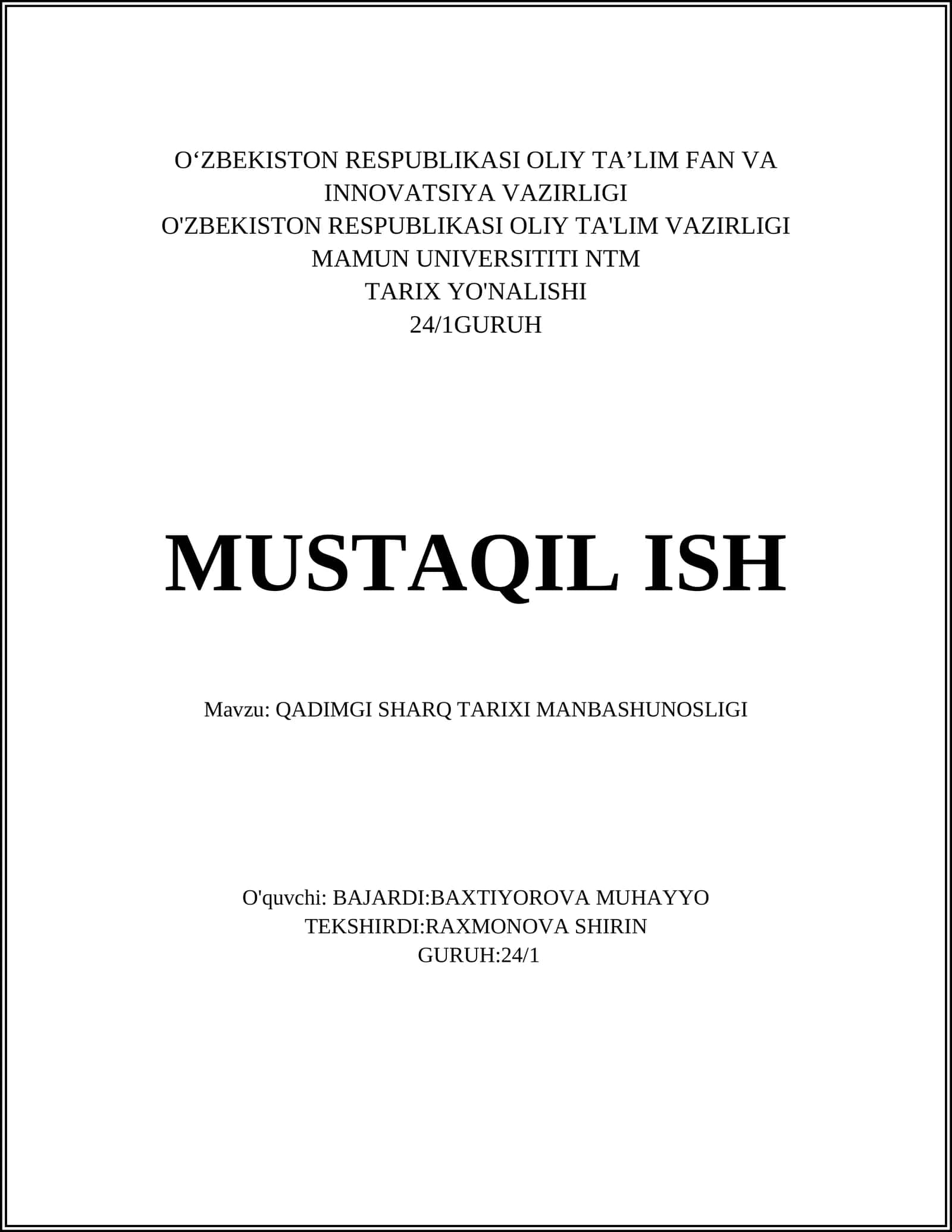 QADIMGI SHARQ TARIXI MANBASHUNOSLIGI 1