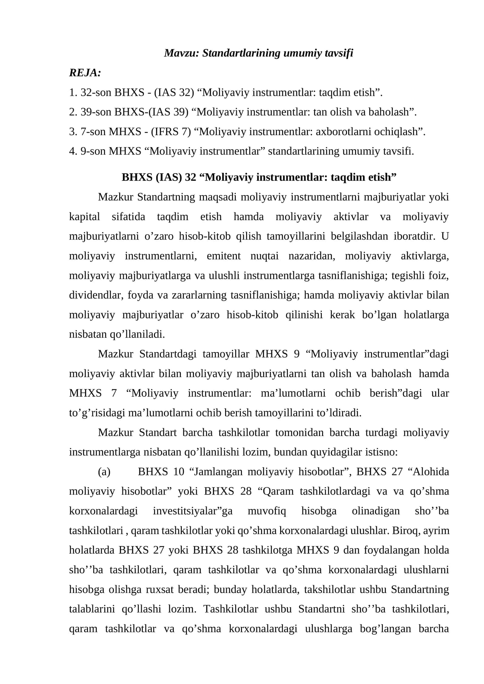 Moliyaviy instrumentlar: taqdim etish (IAS 32) 1