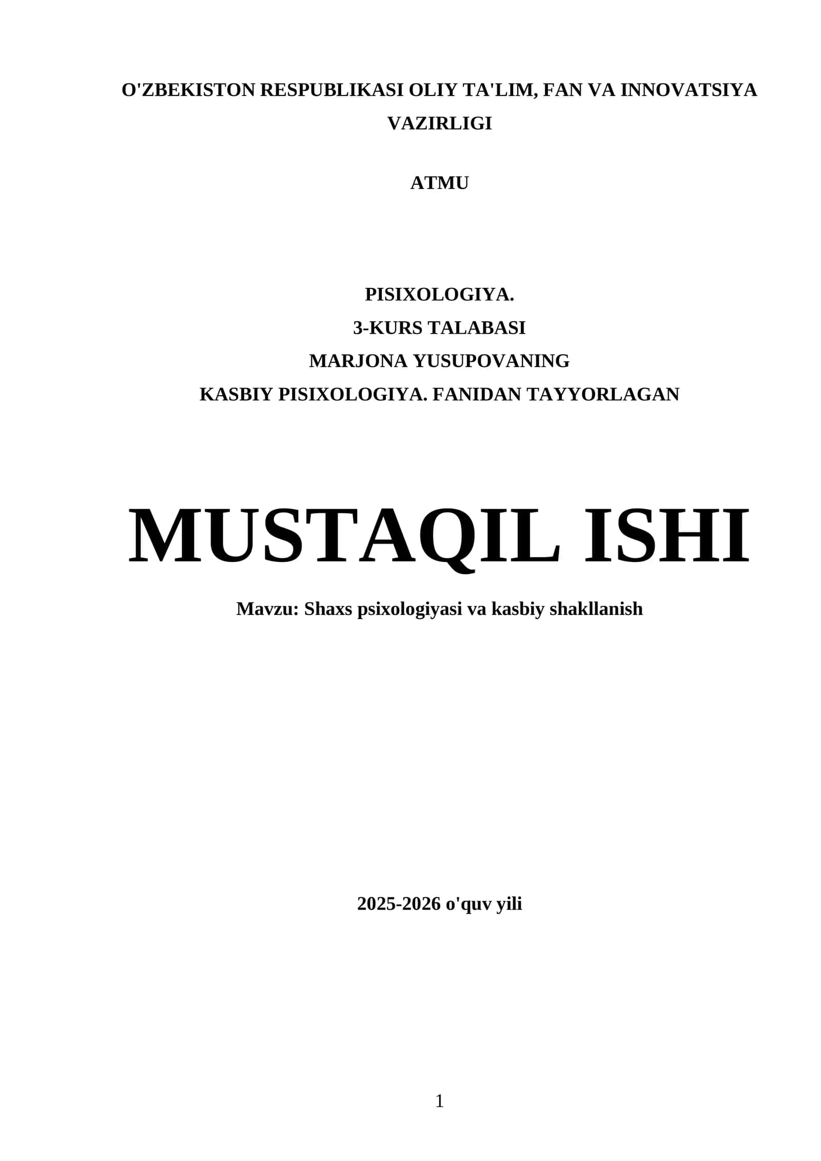 Shaxs psixologiyasi va kasbiy shakllanish 1