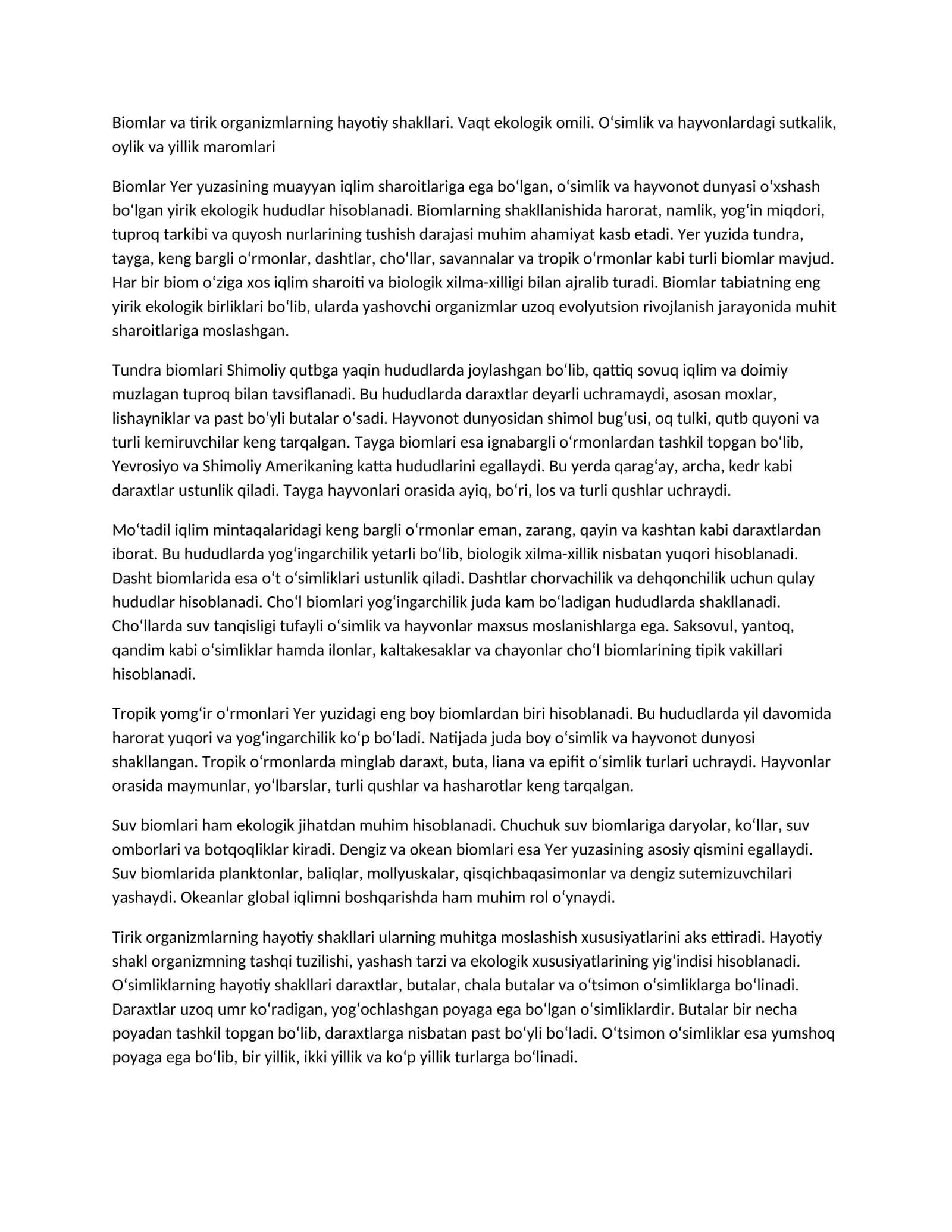 Biomlar va tirik organizmlarning hayotiy shakllari 1