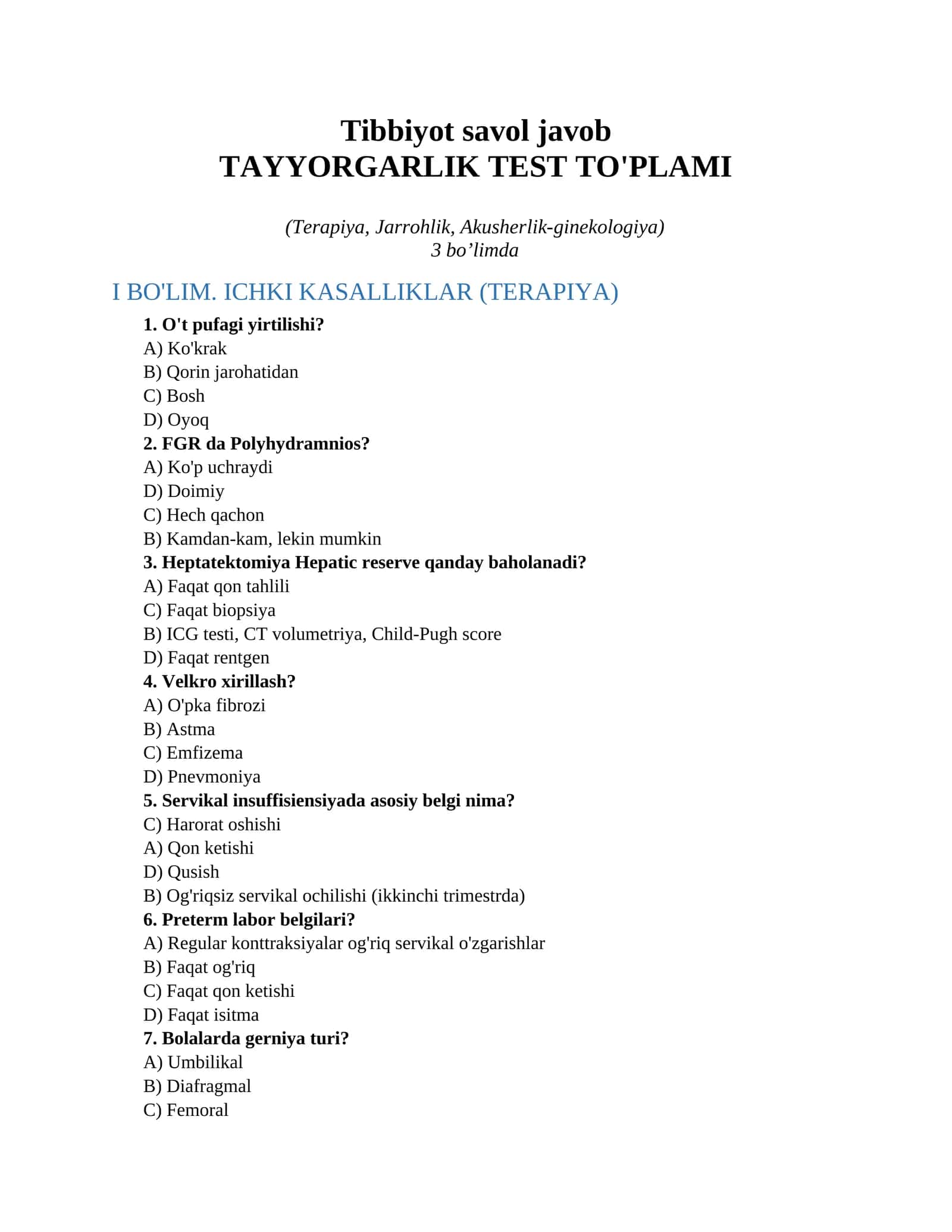 Tibbiyot savol javob 1
