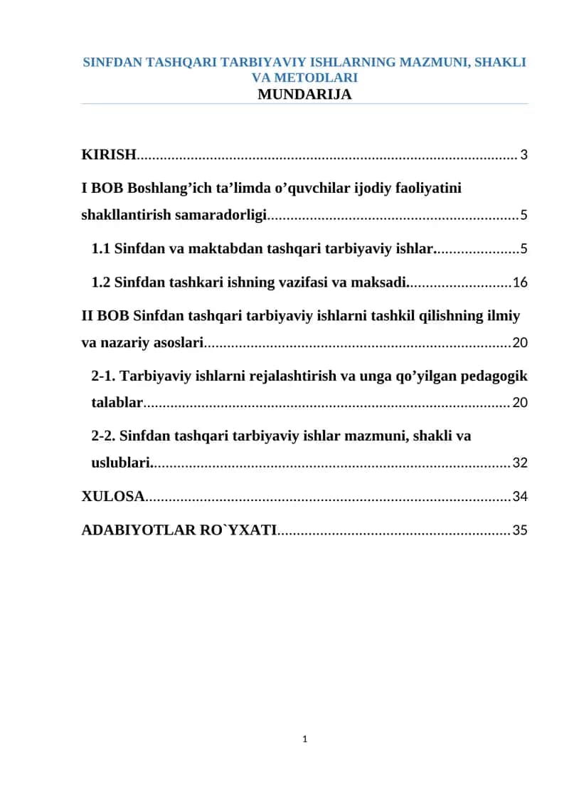 Sinfdan Tashqari Tarbiyaviy Ishlarning Mazmuni, Shakli va Metodlari 1